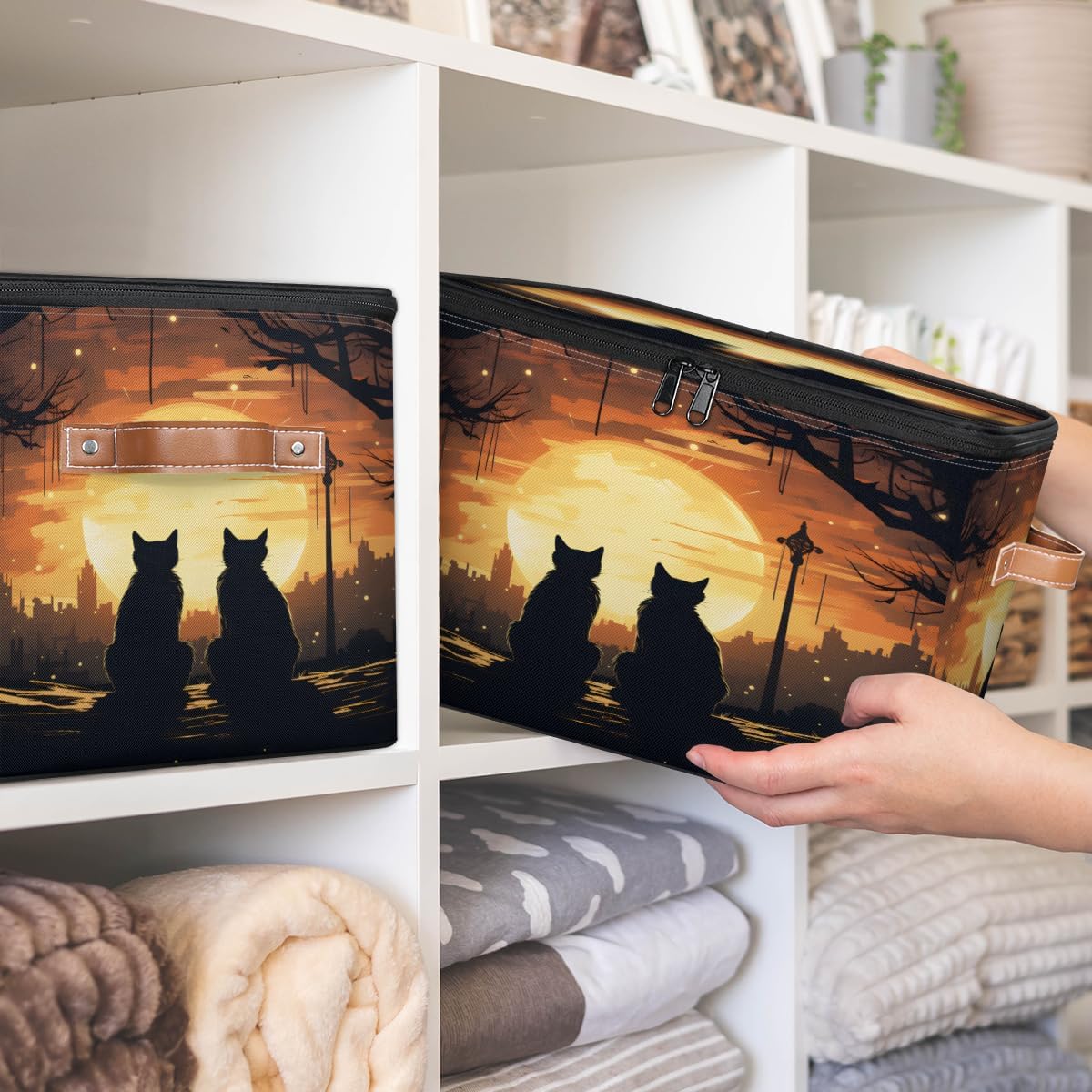 Storage Bin Set of 2 Moon Night Cats Storage Basket with Zipper Lid & Handle Foldable Closet Shelf 2 Pack Cloth Organizer Basket Cube Bins Clothes Organizer for Bedroom, Nursery