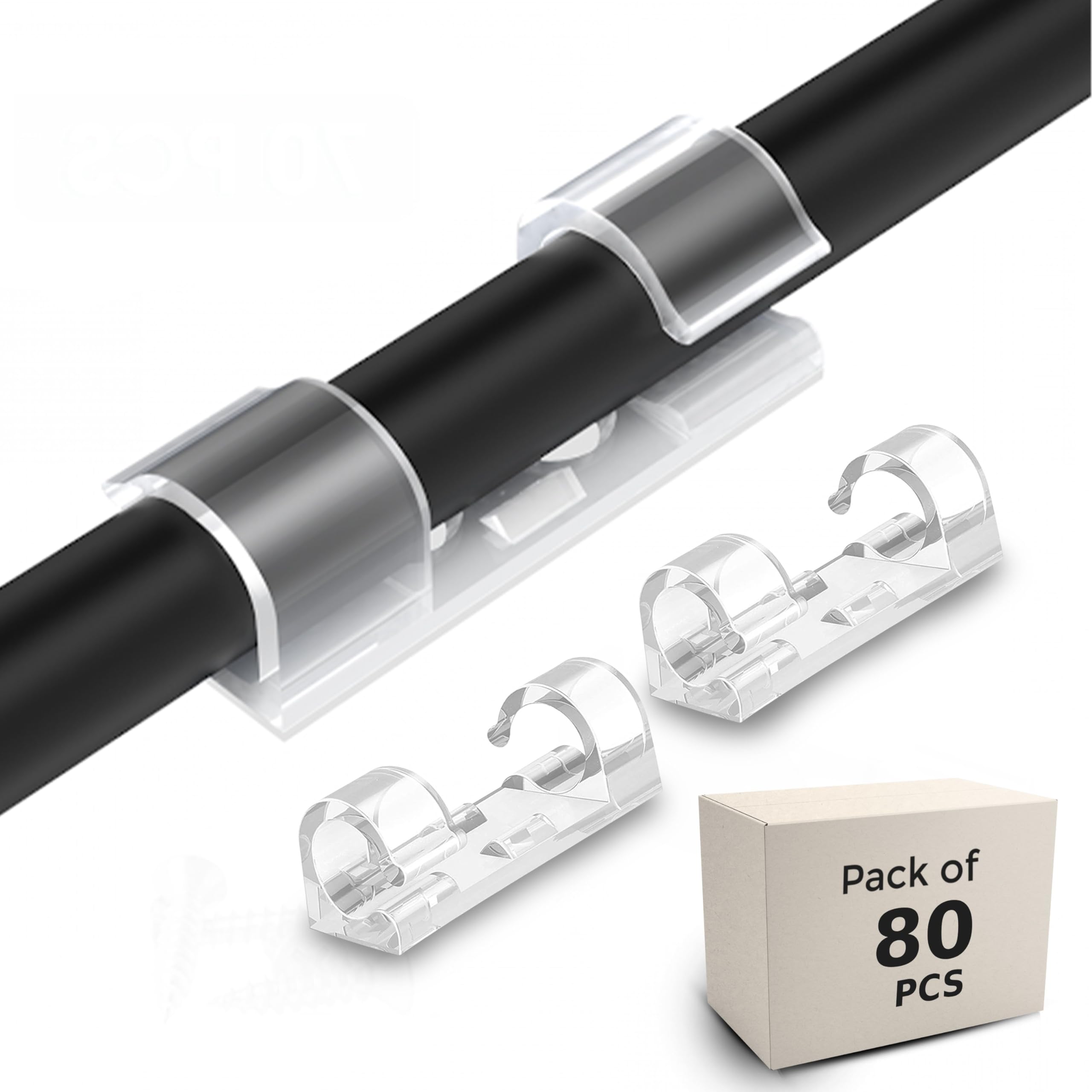 Robustt Cable Organizer Clips - Transparent | Strong Self Adhesive | 80 Pcs | ABS Material | Cord Hook with 3M Foam | Cable Organizer for Desk, Wall, Car, LED Lights, Office Cable Management