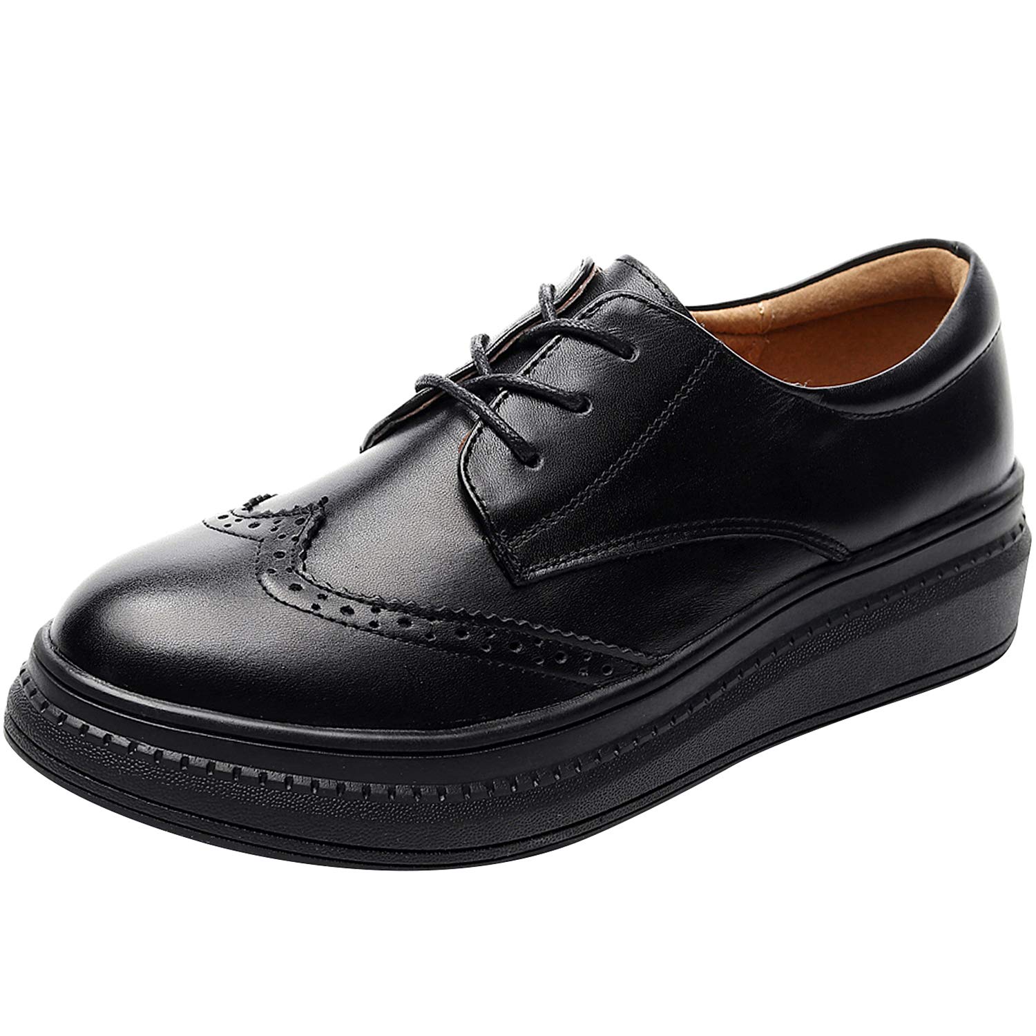 ANUFERWomen's Genuine Leather Stylish Brogue Derby Lace-up Platform Trainers Shoes