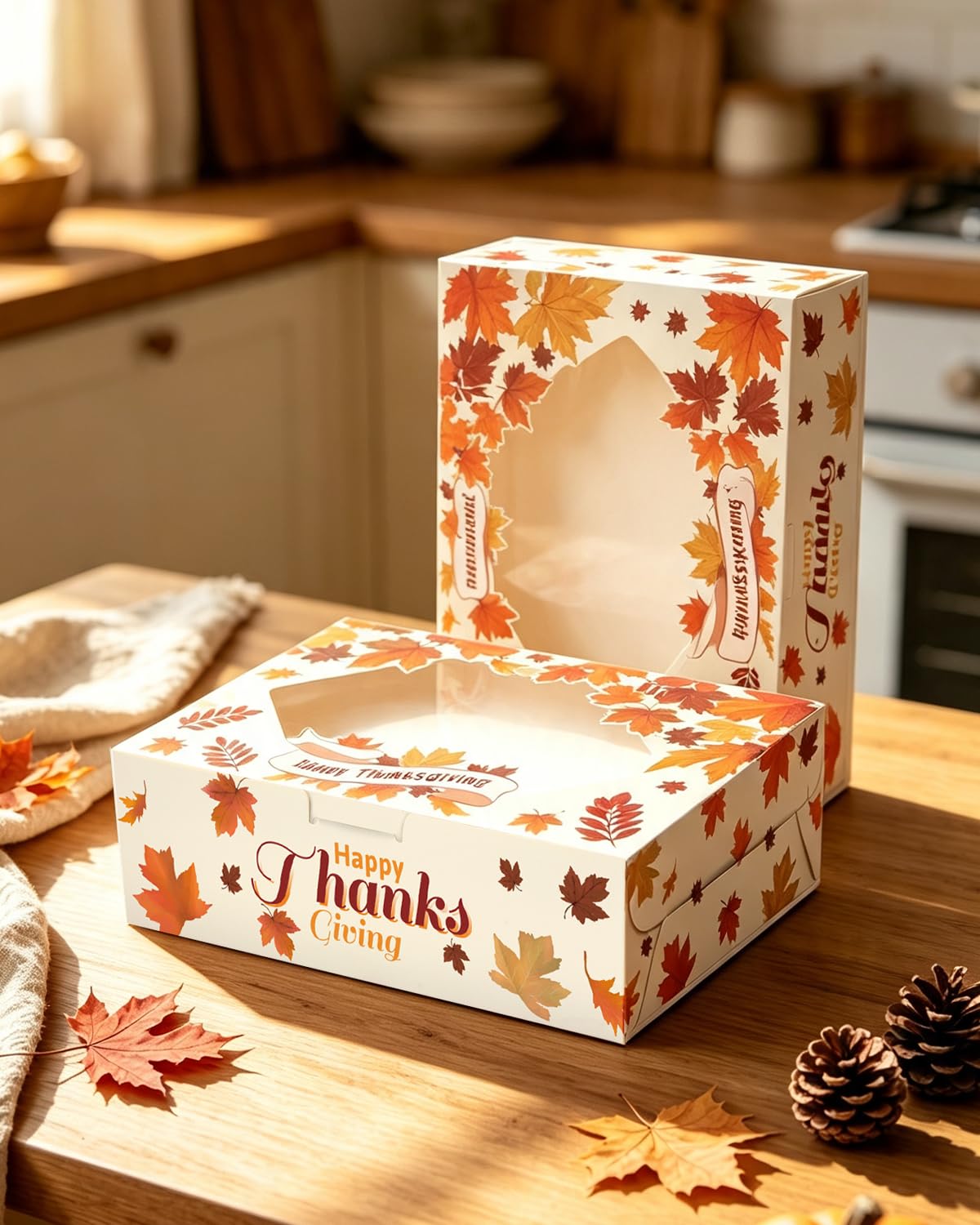 qiqee Caja de galletas de Acción de Gracias con ventana de 9 x 6 x 2.5 pulgadas, 15 unidades, para pastelería, macarrón, hojas de Acción de Gracias, caja de panadería para el día de Acción de Gracias
