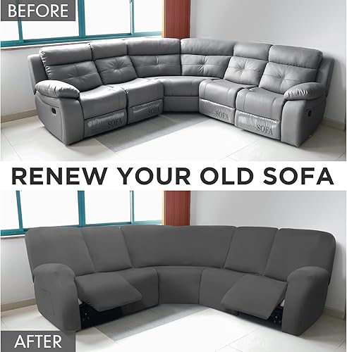 Miniatura 38 de Peryiter 7 fundas para sofá reclinable seccional en forma de L, fundas de sofá modular de 5 asientos, terciopelo de seda lechosa, funda elástica