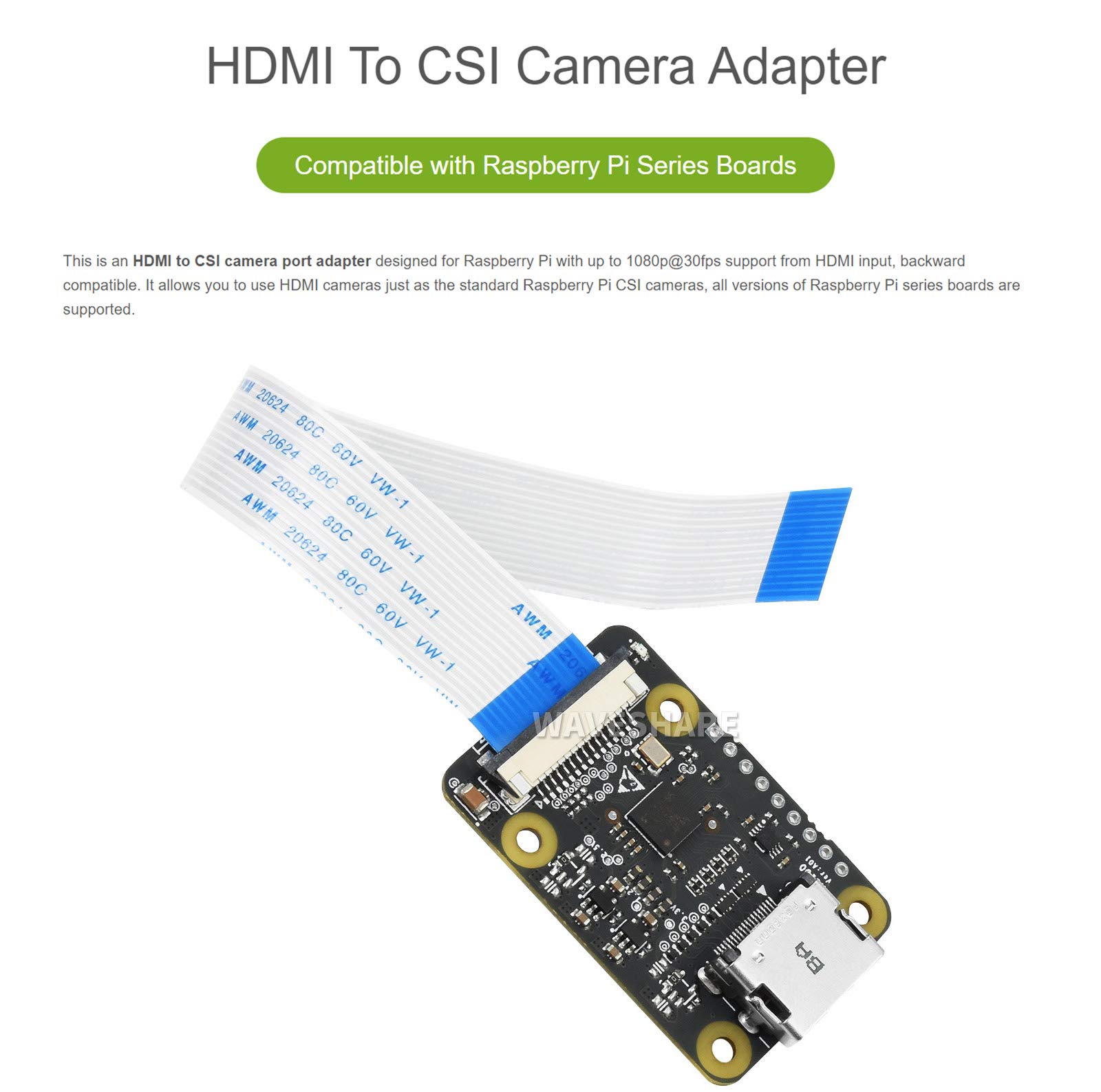 Waveshare Adaptador HDMI a CSI para Raspberry Pi, Soporte de Entrada HDMI de la cámara hasta 1080p @30fps, retrocompatible, para Raspberry Pi 4B/3 B+ / A+ / B / 2B / B+ / A+ / Zero W
