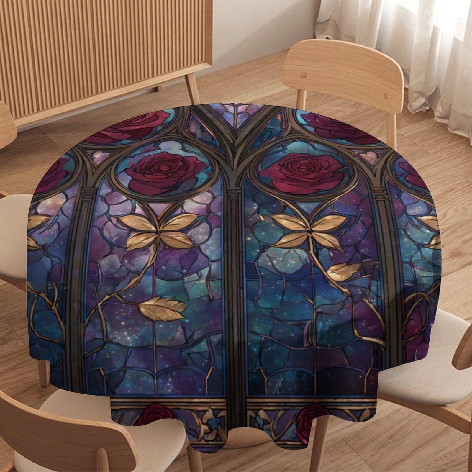 LUYYSKY Elegant Realistic Gothic Rose Waterproof Round Tablecloth Vintage Abstract Plant Red Rose Flowers Gold Leaves Washable Table Cover for Kitchen-127 Wx127 L cm