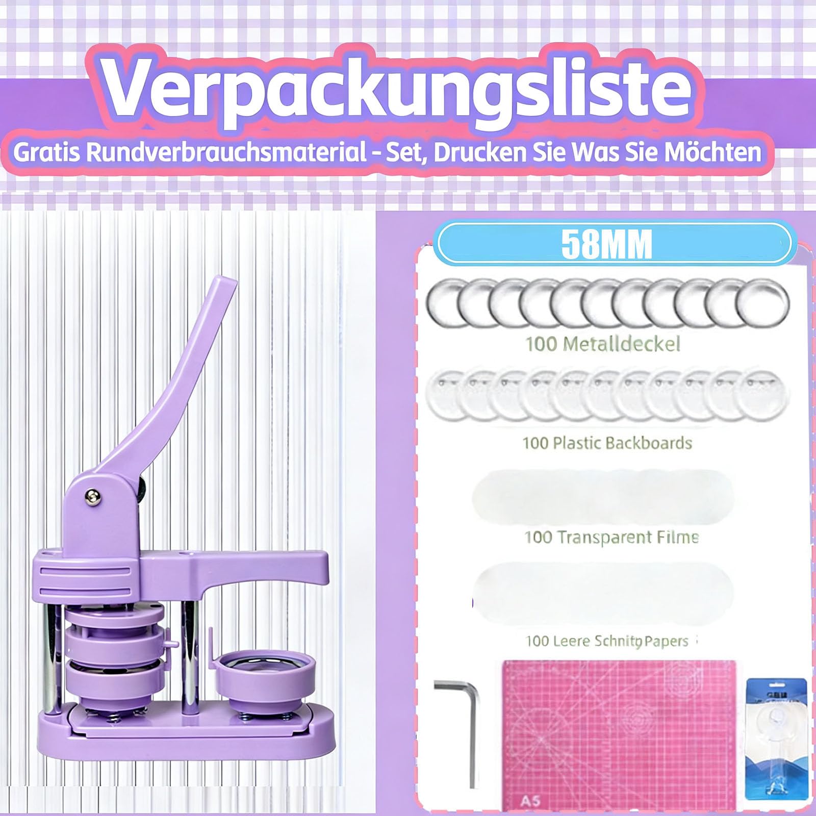 Buttonmaschine 58 mm – Manuelle Buttonpresse Set ohne Montage, inkl. 100 Zubehör & Kreisschneider, DIY Abzeichenmaschine für Basteln, Partys & Geschenke