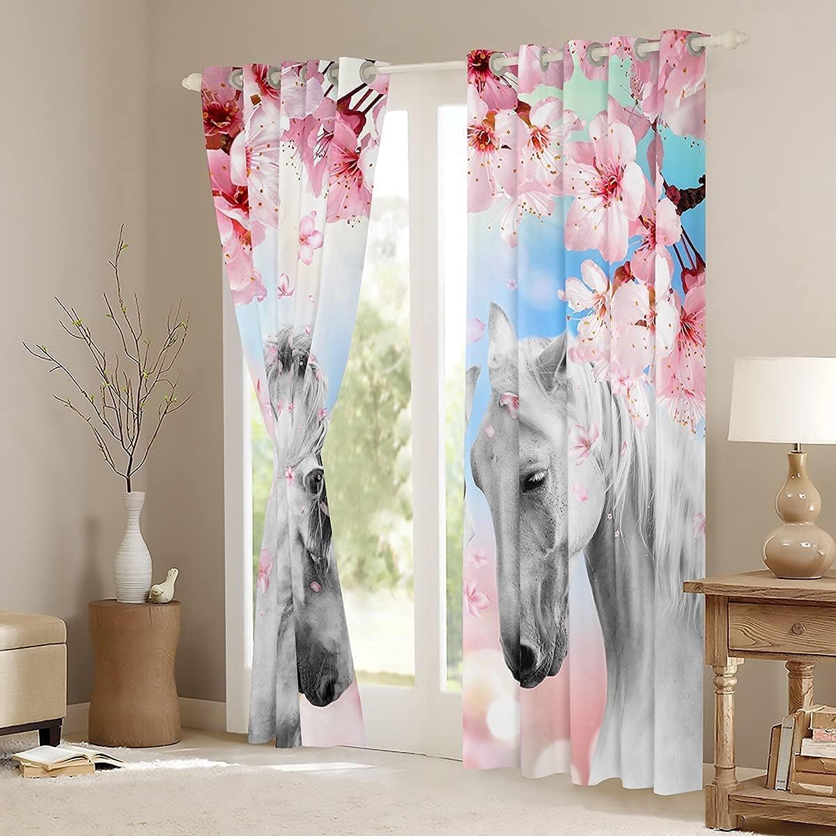 Loussiesd Paire de rideaux de fenêtre pour enfants - Motif cheval galopant - Blanc - Imprimé fleurs de cerisier - 137 x 117 cm - Décoration d'intérieur