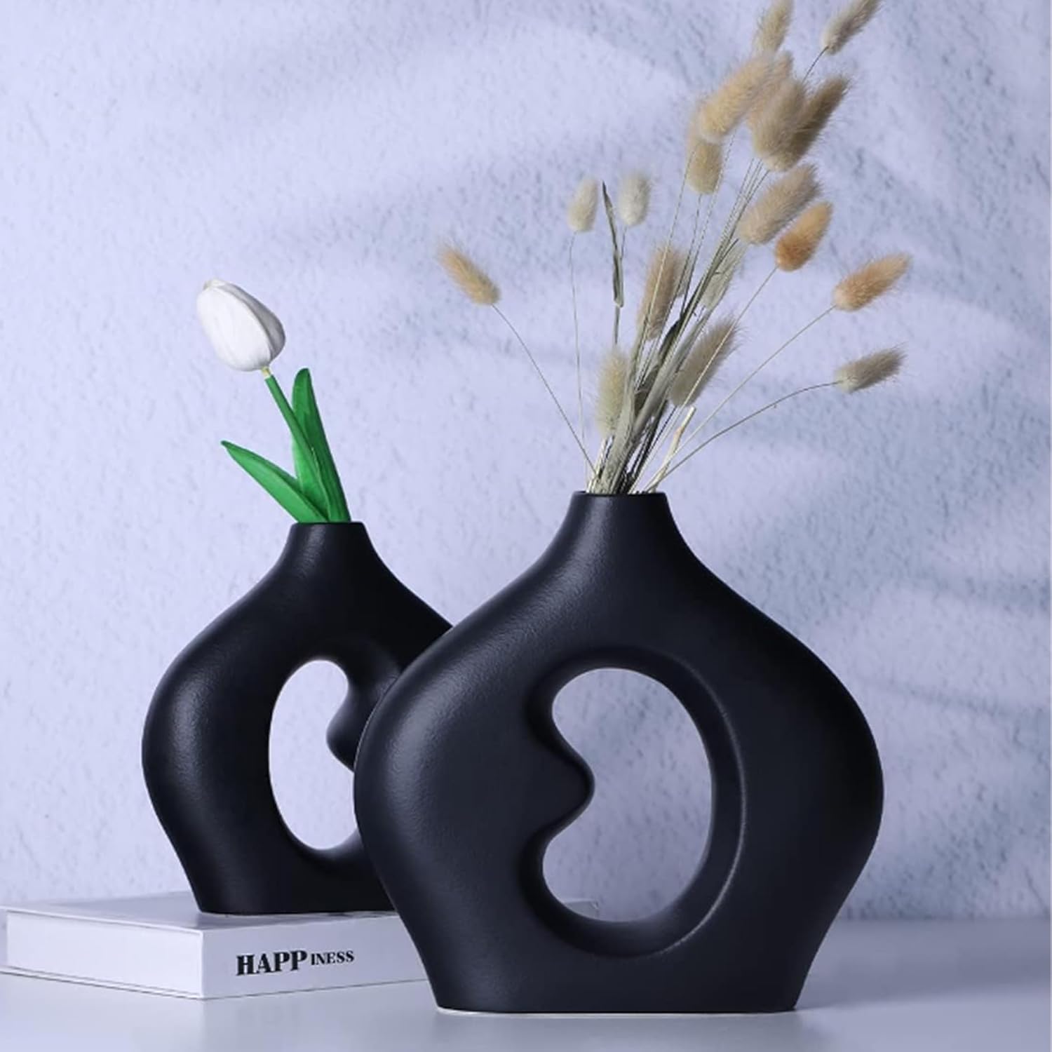 Amazon.com: Modern Black Vase Set of 2, Ceramic Matte Black Vase with ...