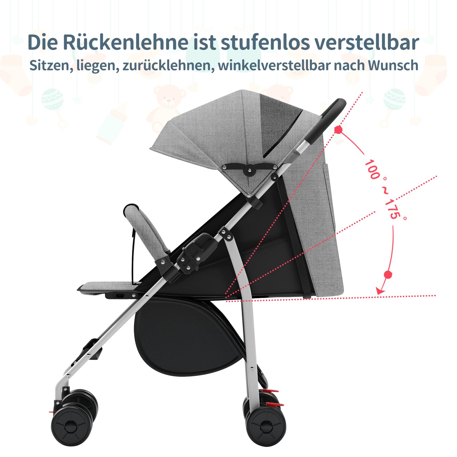 cochecito compacto de caña de 0 a 4 años (30 kg máx.), ligero (4,10 kg), cochecito de caña bebe confort,plegable compacto e inclinable, con algodón, portavasos, parasol(Gris)