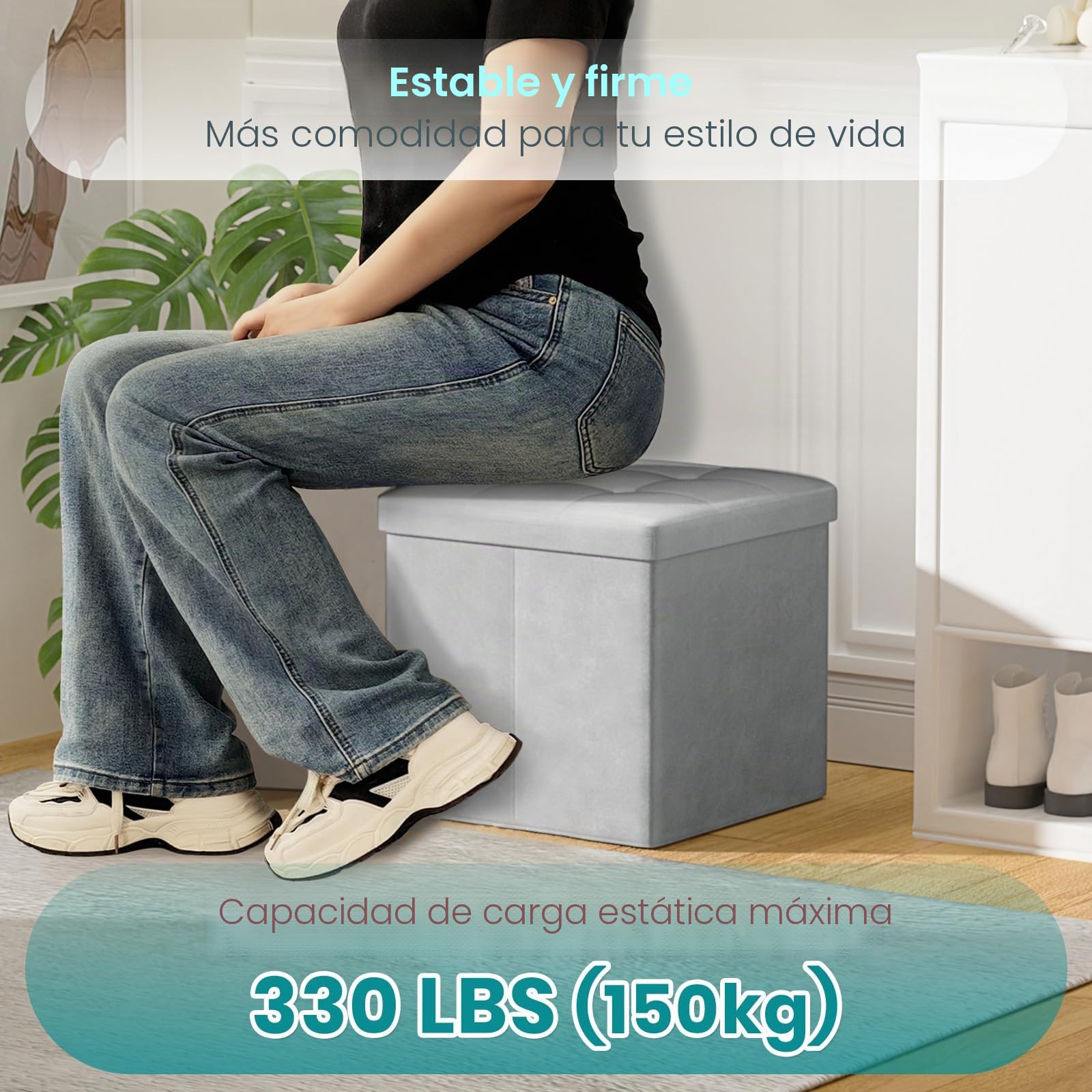Oak & Tea Folding Storage Ottoman Seat, Folding Stool with Storage, Shoe Changing Stool, Storage Boxes with Lid, for Bedroom Living Room, Light Grey,38x38x38cm