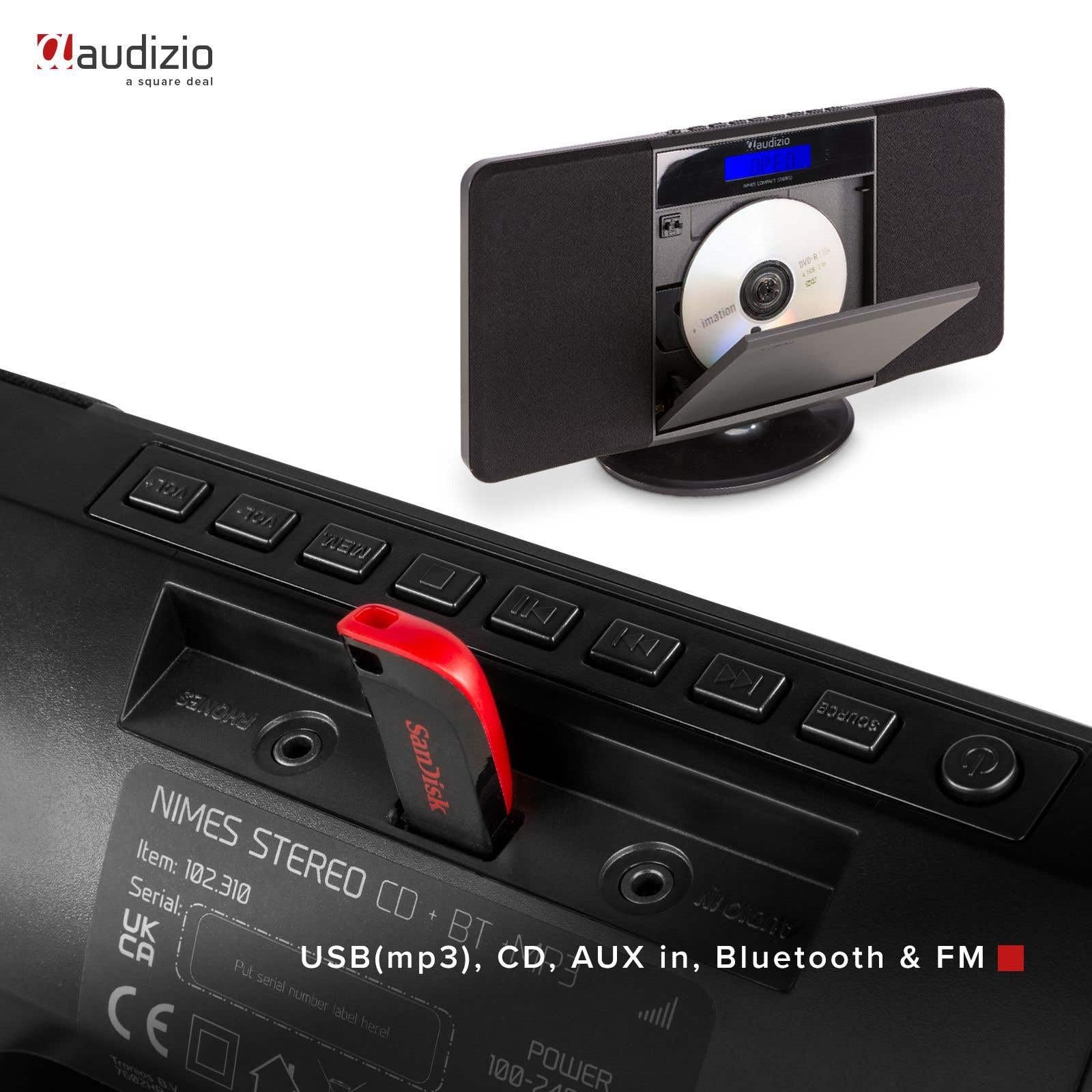 Audizio Nimes Radio Bluetooth Stéréo 50W - Noir, avec Lecteur CD, Lecteur MP3/USB, 20 Stations Préréglées, Écran LCD, Idéale pour Écouter Vos Musiques Favorites et Servir de Réveil chez Vous