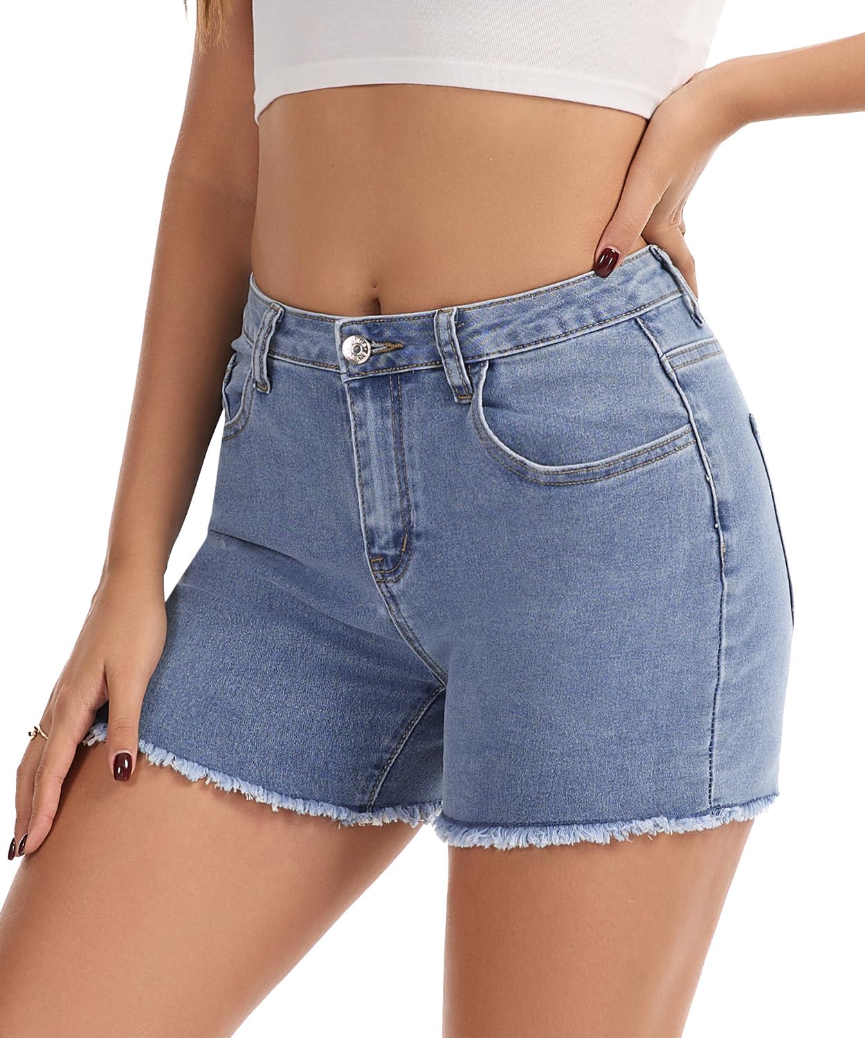 VIPONES Women Mid Rise Jeans Shorts Frayed Raw Hem Summer Stretchy Casual Denim Shorts