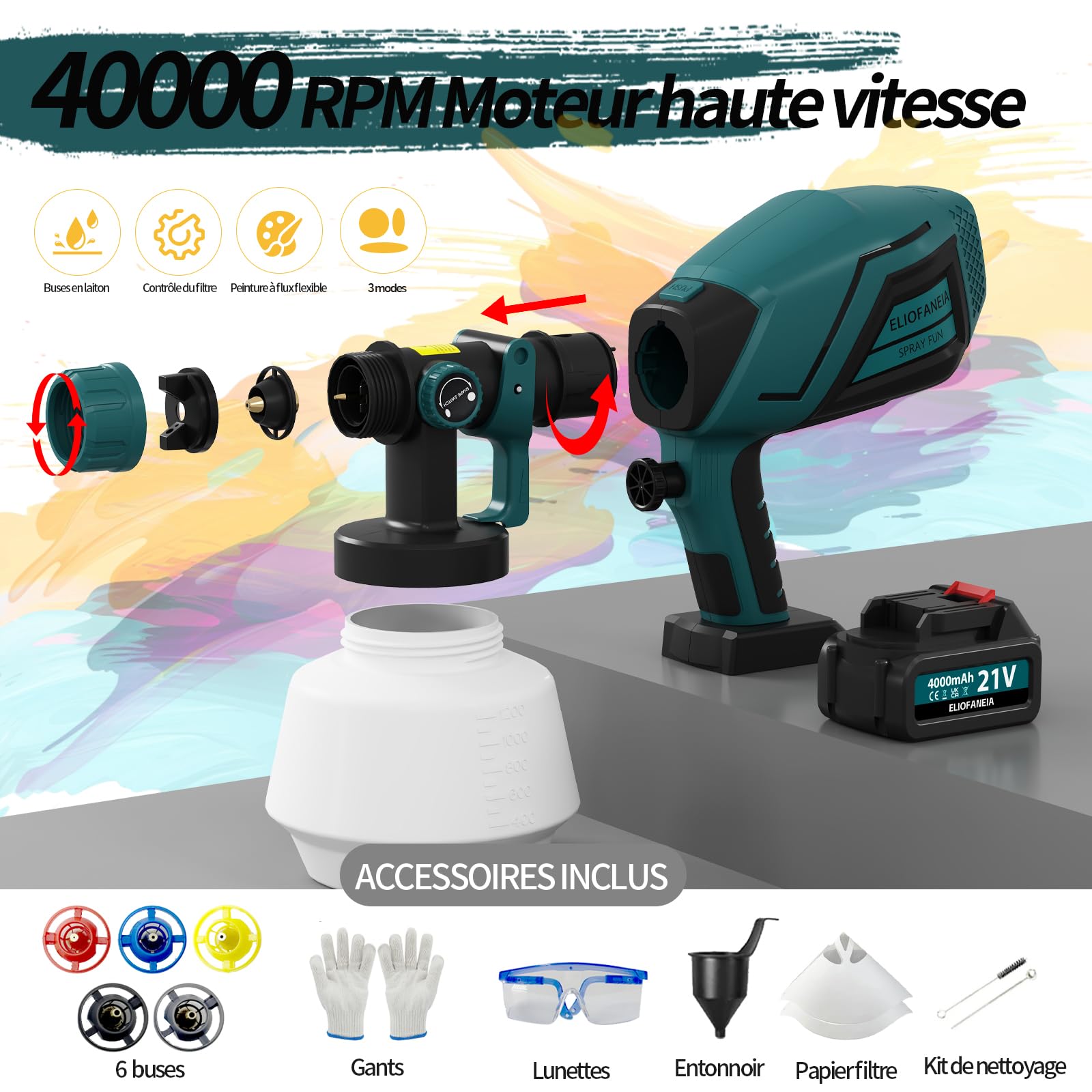 Pistolet à Peinture 2 x 4000mAh Batteries Au Lithium et Chargeur 21V, Pulvérisateur Électrique 1200ML HVLP, 5 Buses, 3 Modes de Pulvérisation pour Maison,Armoires,Murs,Meubles