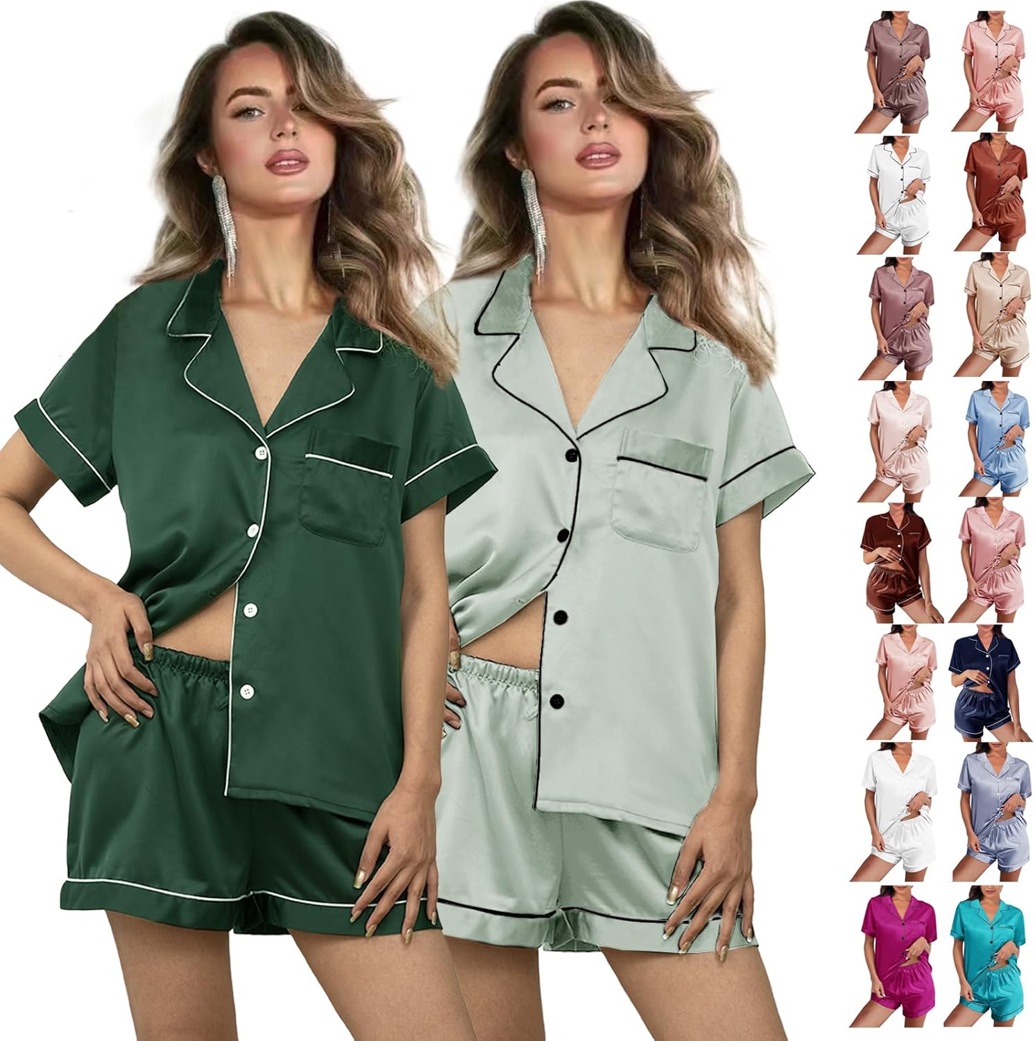 2 Pack: Silk Pajamas XS-2XL Womens Satin Pajama Set Bride Soft Pj Lounge Sets Pjs Shorts Set Short Sleepwear - Image 5