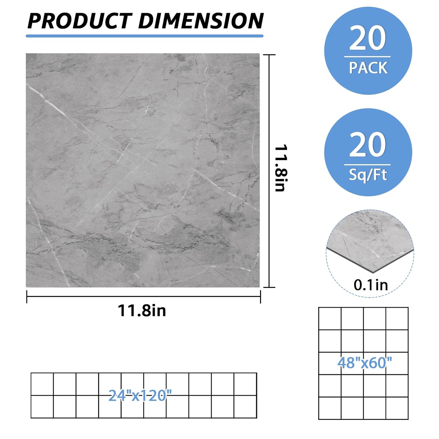 AKOLAFE 20 Sheet Thick Luxury Vinyl Flooring Grey Marble Peel and Stick Floor Tile Waterproof LVT Laminate Flooring Clearance Self Adhesive 12x12 Vinyl Floor Tiles Sticky on Bathroom Kitchen Basement