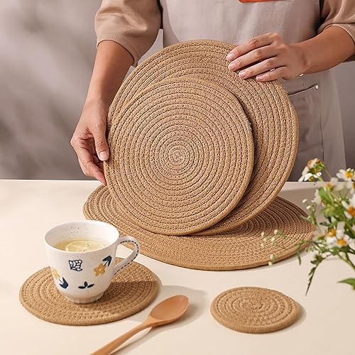 Miniatura 3 de Paquete de 6 manteles individuales tejidos de yute, 13.8 pulgadas trenzados, manteles individuales redondos de ratán, manteles individuales vintage,