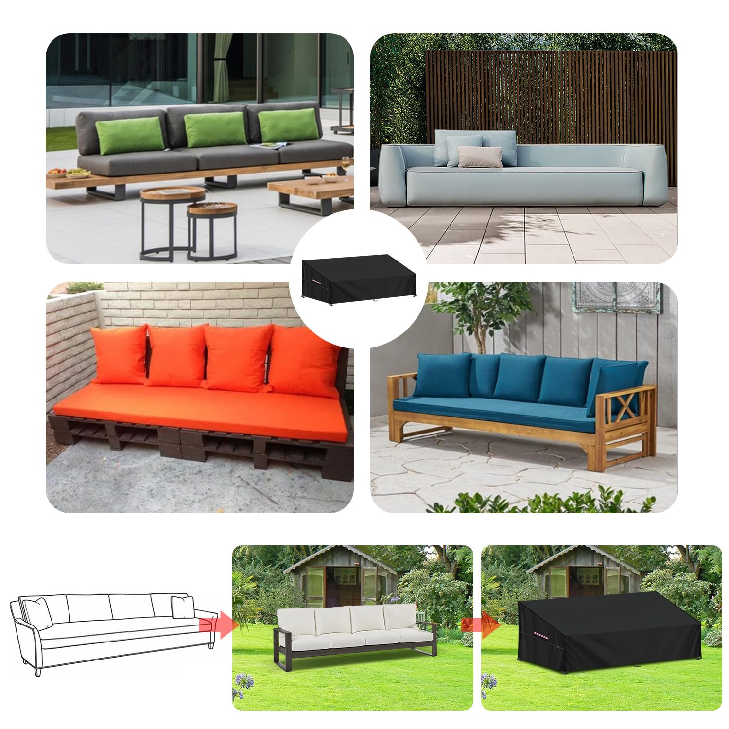 LAMUNI Copridivano da Esterno 4 Posti Copertura Impermeabile per Divano da Giardino 420D Oxford Telo Copri Divano Esterno Copertura Divano Pallet Copertura per Mobili da Giardino, 250x99x80/40cm