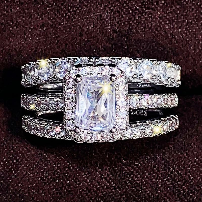 925 Sterling Silver Shiny Full Diamond Zircon Rings Three Sets of Rings Cushion Cut 4ct Zircon Diamonds Stone Engagement Wedding Band Ring Size 83