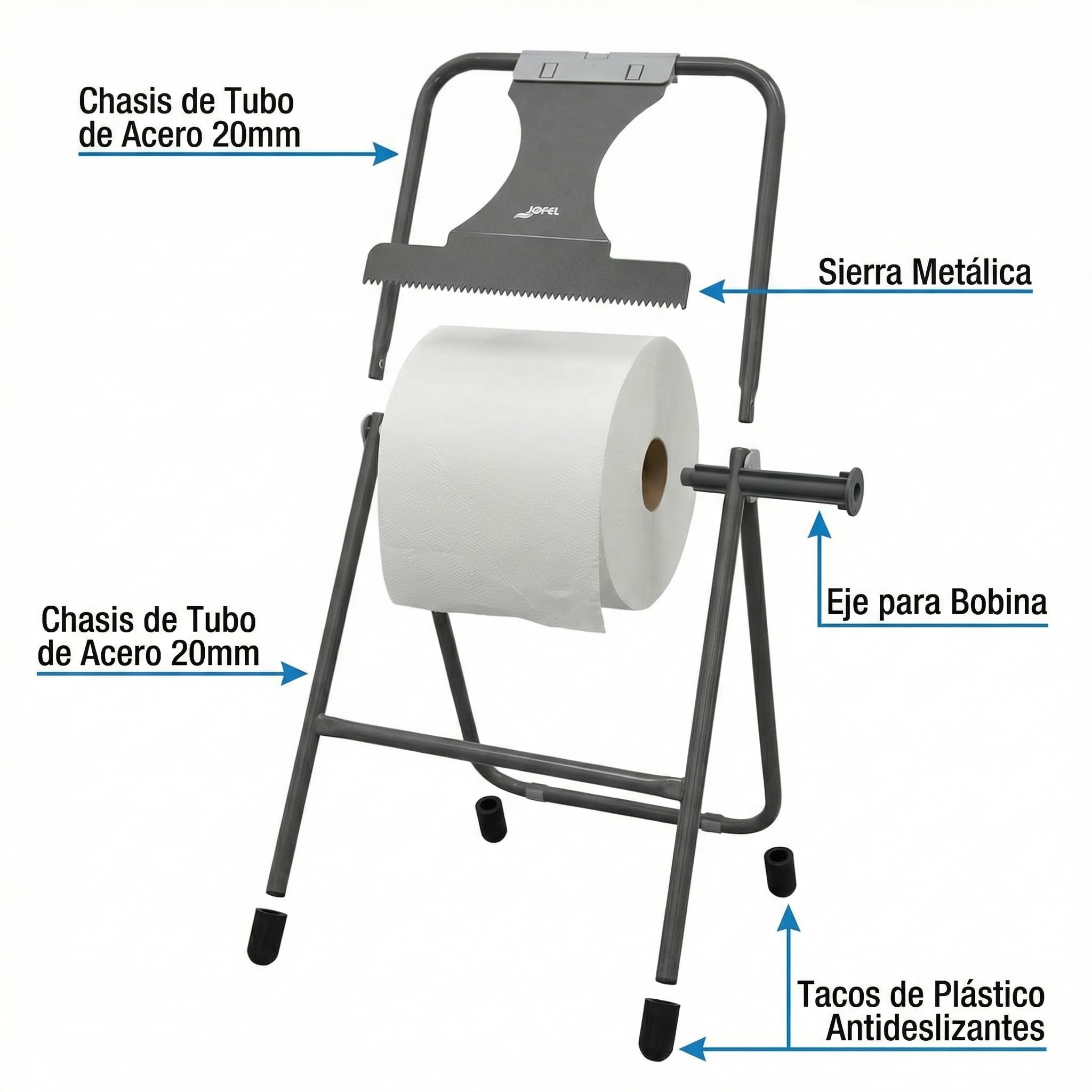 Jofel Portarrollos Industrial de Suelo Plegable (AD30010) - Dispensador de Papel para Taller, Acero de Alta Resistencia con Sierra, Soporte para Bobinas de hasta 500m, Profesional y Estable