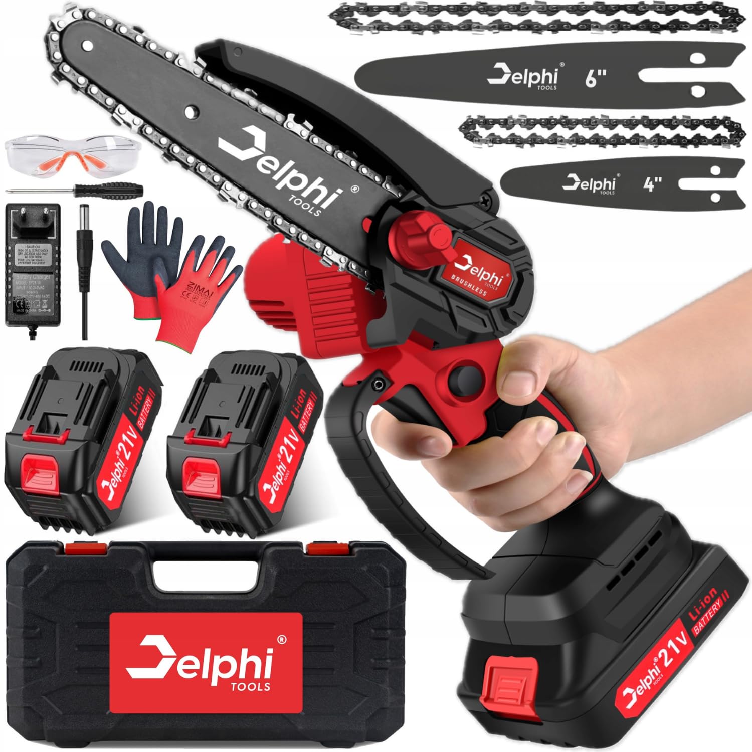 Delphi Mini Motosierra con Batería Sierra de Poda 6 y 4 Pulgadas 800W 21V Motosierra de Mano con 2 Baterías - ideal para cortar ramas, madera, palets y árboles pequeños