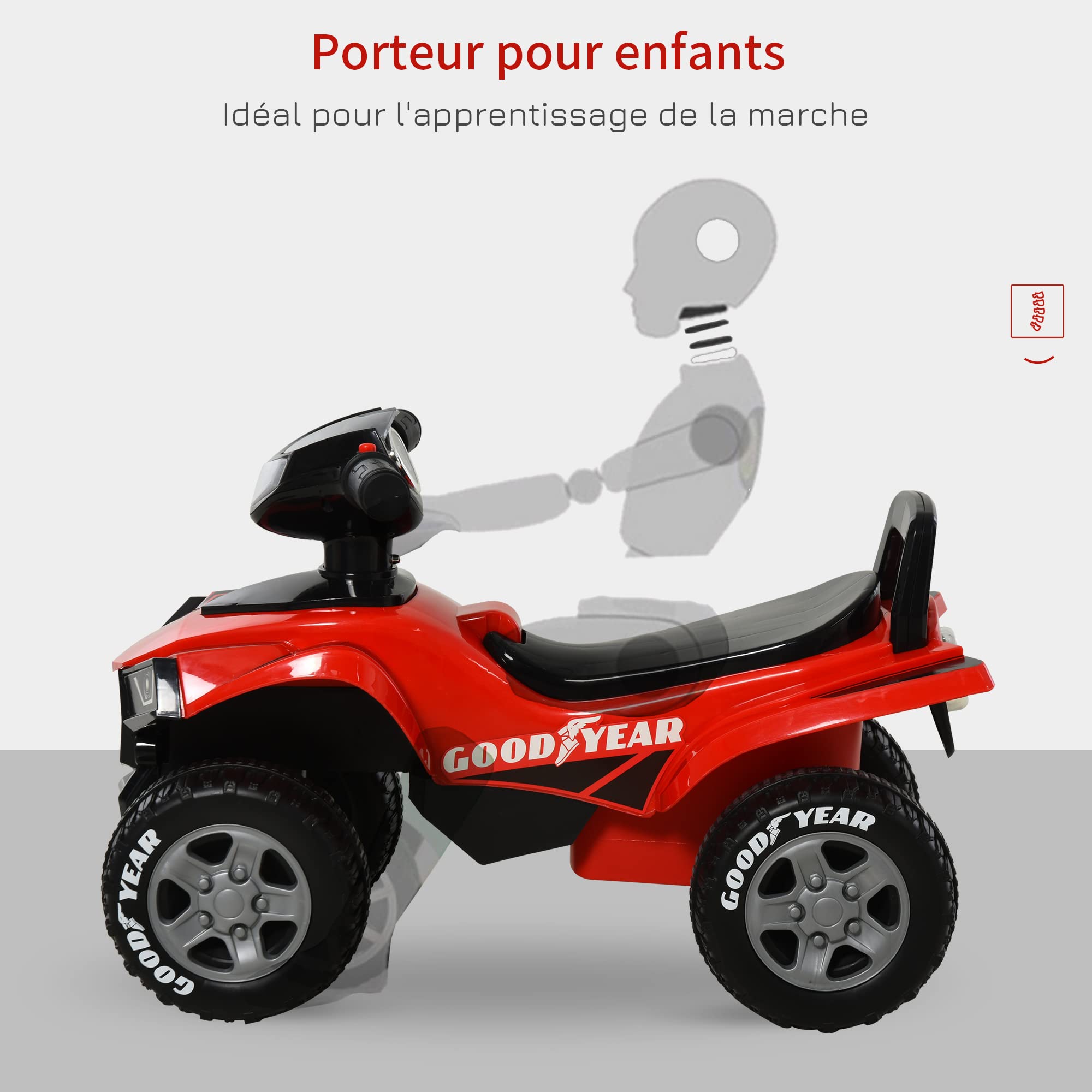 HOMCOM Porteur Enfants Quad 18-36 Mois dim. 60L x 31l x 42H cm Effets Lumineux et sonore Rouge Noir