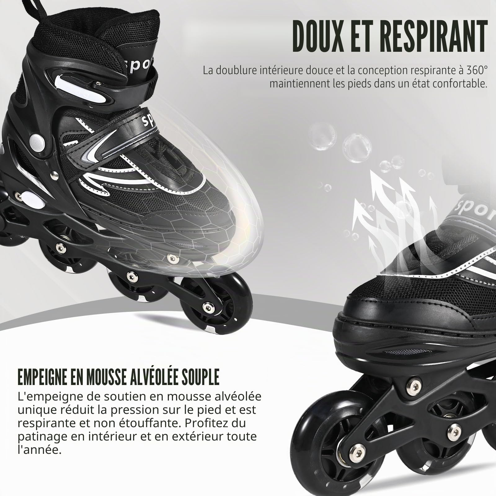 Réglables Patins à roulettes en Ligne pour garçons et Filles, Noir Blanc Patins à roulettes à 4 Roues pour Adolescents et Adultes avec Roues Lumineuses pour Les Sport