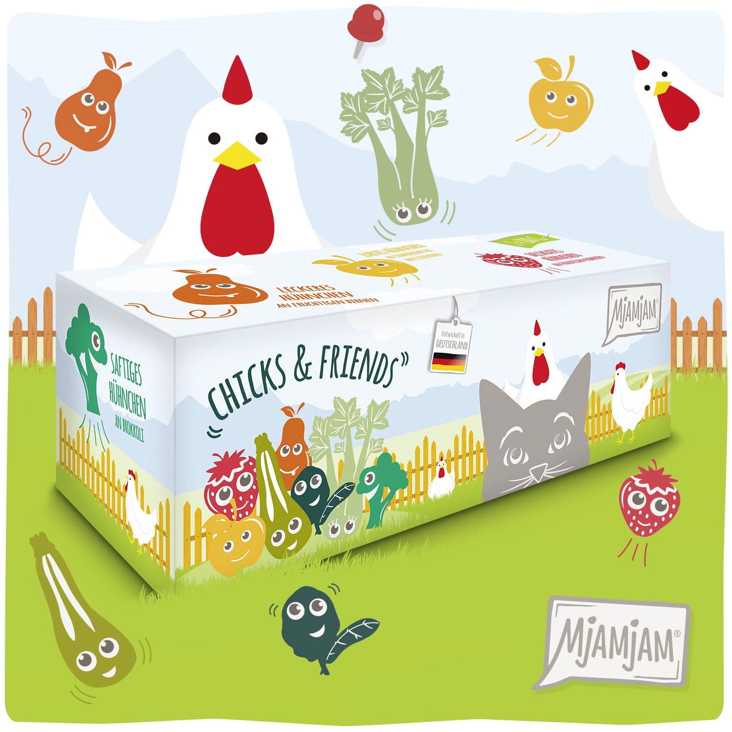 MjAMjAM - Comida húmeda Premium para Gatos - Chicks & Friends Box, Pack de 7 (7 x 100 g), sin Cereales con Extra de Carne