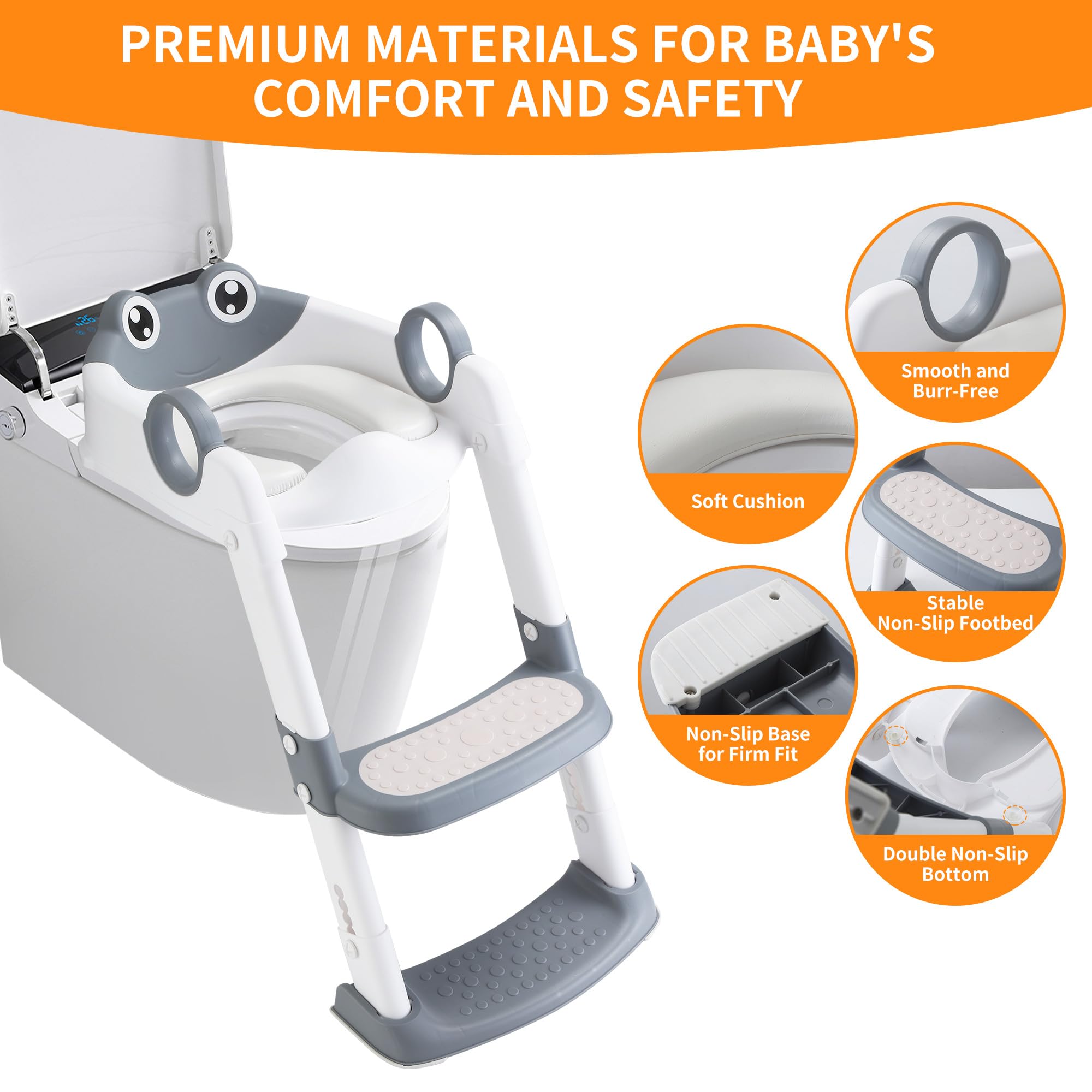 Riduttore WC per Bambini, Sedile per WC per Bambini con Scaletta,Con Corrimano di Sicurezza, Cuscino in PVC, Pieghevole, Adatto a Bambini da 1 a 7 Anni (Grigio Bianco)