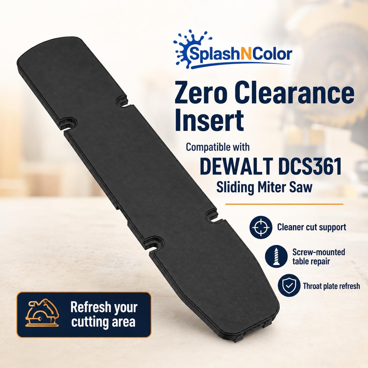 Zero Clearance Insert Compatible with Dewalt DCS361 Sliding Miter Saw – Cleaner Cut Support | Screw-On Base Plate Refresh for Trim and Molding Repairs
