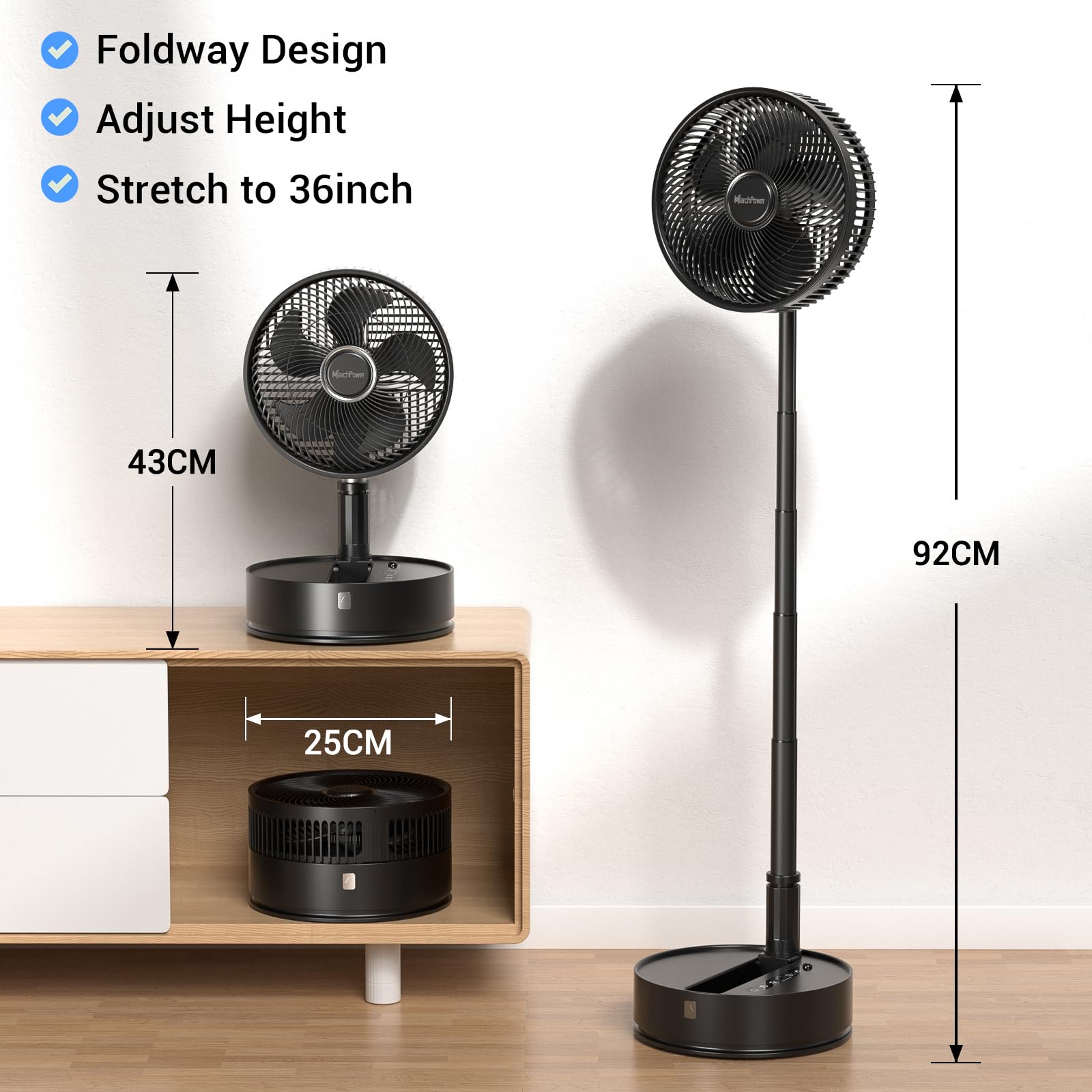 Marchpower Ventilatore a Piantana con Telecomando, Altezza Regolabile Pieghevole Ventilatore Portatile Silenzioso con Timer e Regolazione a 5 Velocità, 7200mAh Ventilatore da Tavolo Ruota e Rimuove