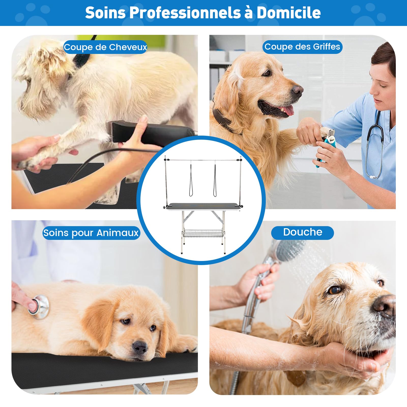 COSTWAY Table de Toilettage pour Chien Pliable, Bras Réglables en Hauteur, 2 Sangles, Pinces Amovible, Plateau Fond en Maille, Table Toilettage Chien Chat, Charge 150 kg, 125 x 61 x 162,5 cm