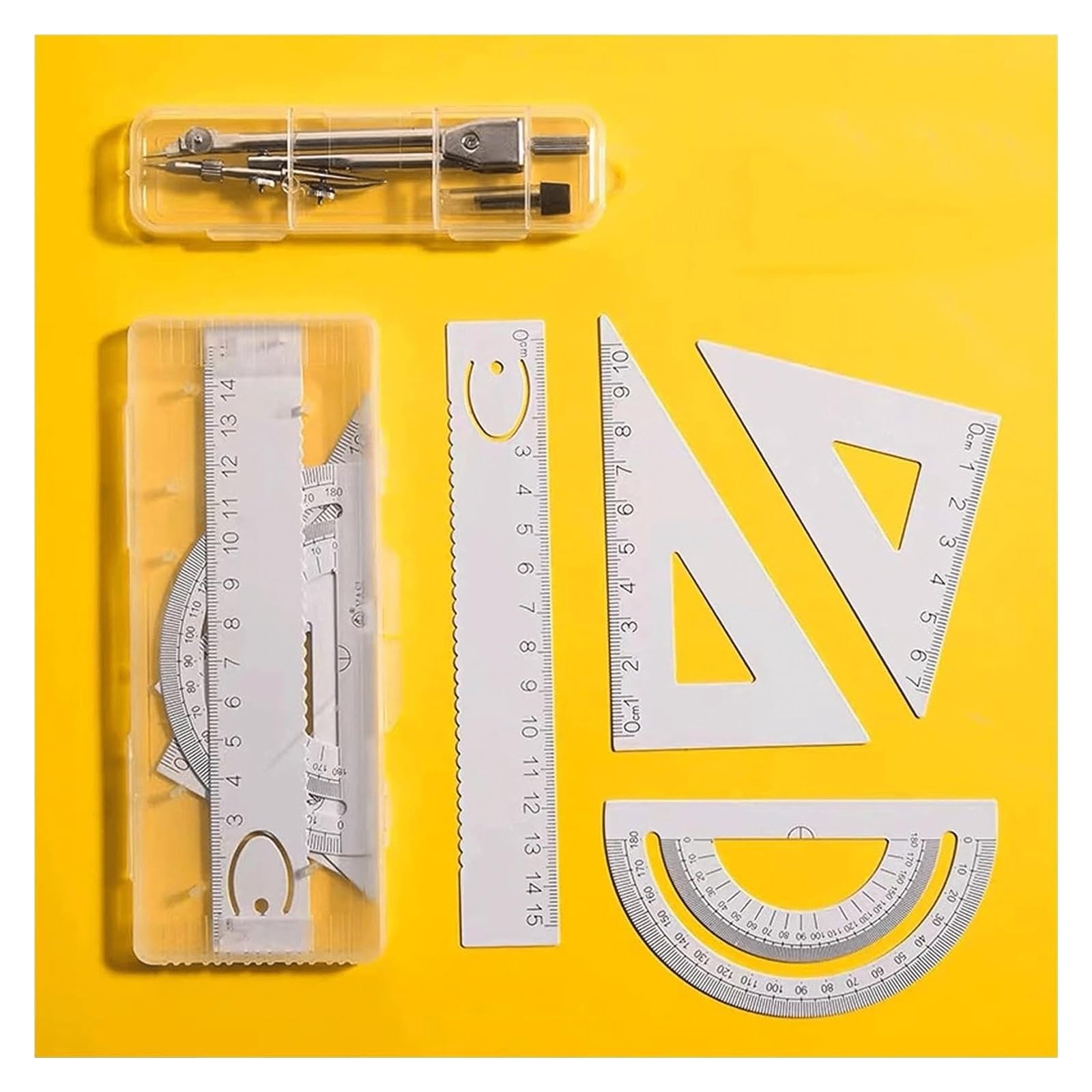 GddOGUK Professional Drafting Math Geometry Drafting Supplies Including Ruler, Set Square*2, Protractor, Math Compass Metal Drawing Compass,