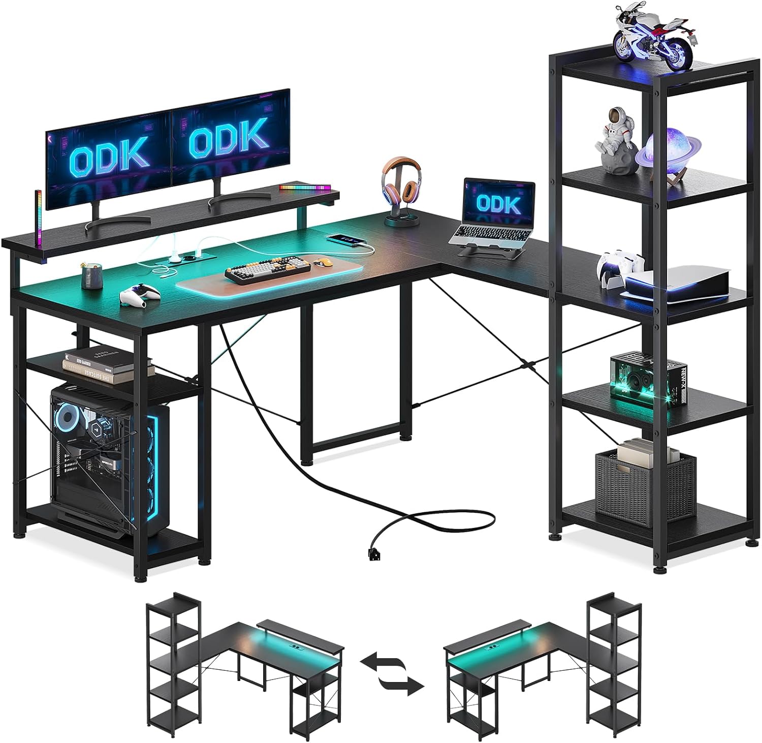 ODK L-Shaped Gaming Desk with LED lights and storage shelves
