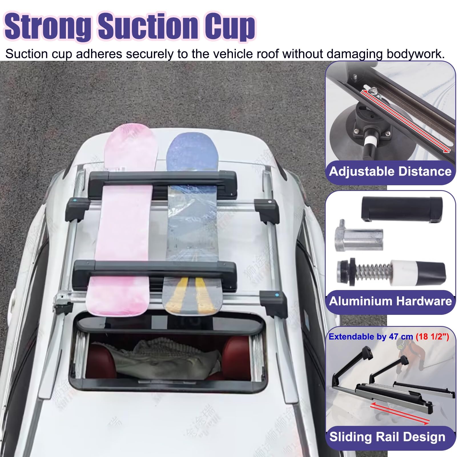 Portasci Portasci Universale da Tetto per Auto con Serratura Antifurto, Portasnowboard Scorrevole con Ventosa e Binario, Supporti per Skateboard in Lega di Alluminio