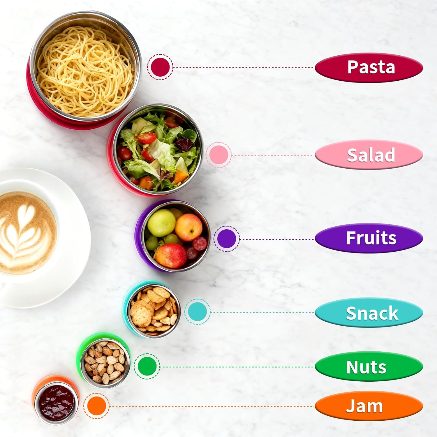 6 Pack Stainless Steel Lunch Containers with Lids Set, Round Nesting Snack Container (Size 38, 24, 12, 6, 4, 2oz), Metal Salad Containers for Lunch, Picnic, Home, Travel - Image 7