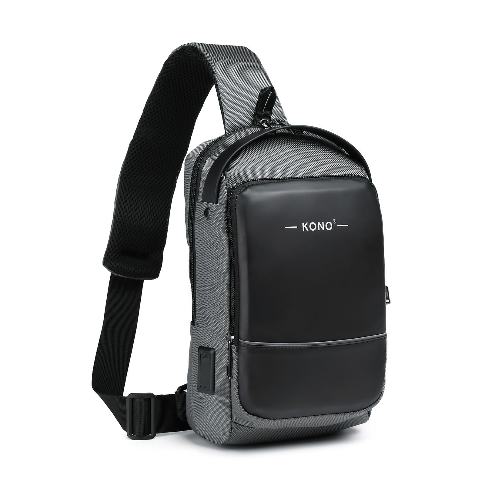 Kono Anti-Theft Sling Backpack, Water-resistant Crossbody Bag With USB Charging Port, Fashion Travel Mans Chest Bag for Cycling Camping Walking (Black/Grey)