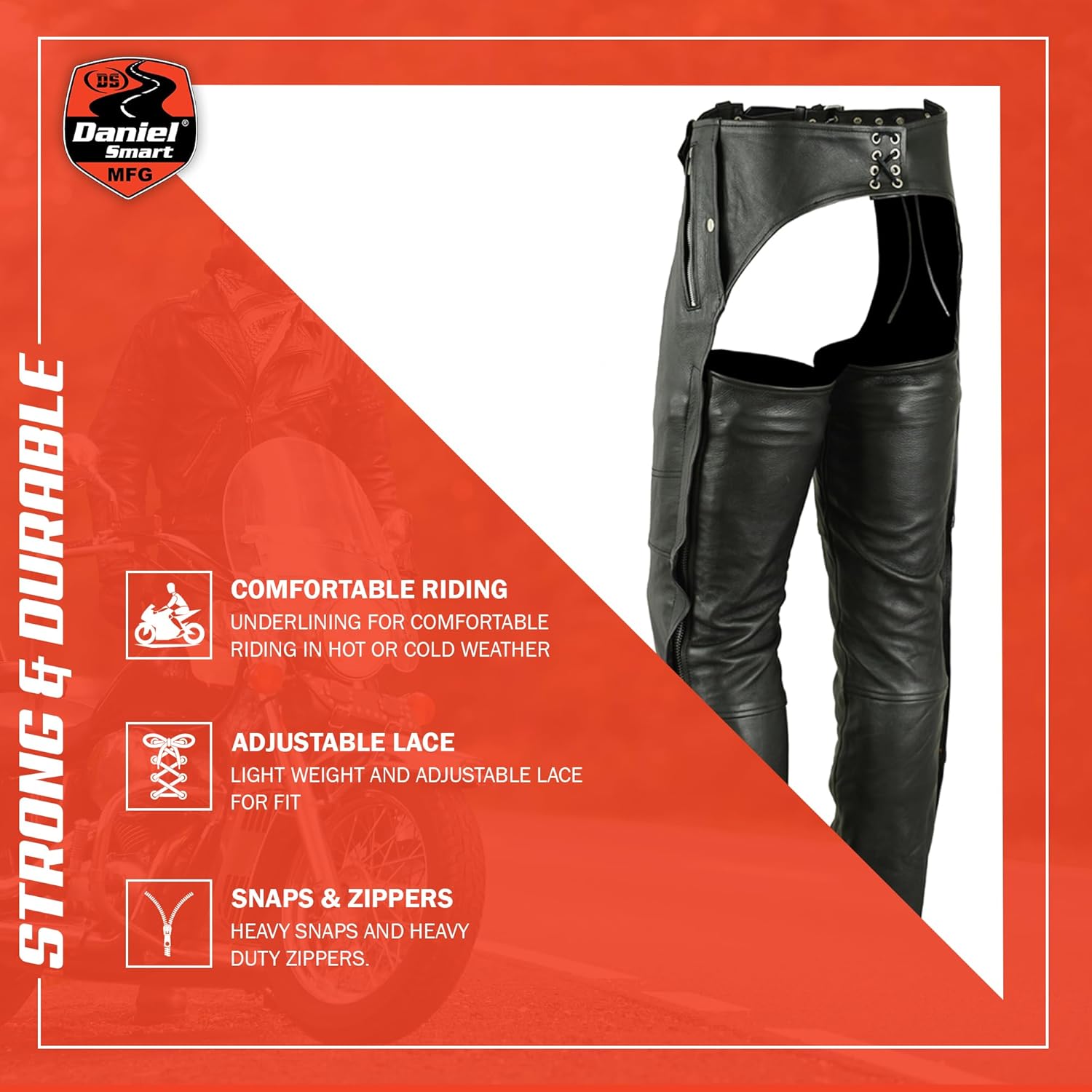 Daniel Smart Motorcycle Leather Chaps All Season Unisex Assless Chaps with mesh Under Lining & Customizable Fitting - Image 4
