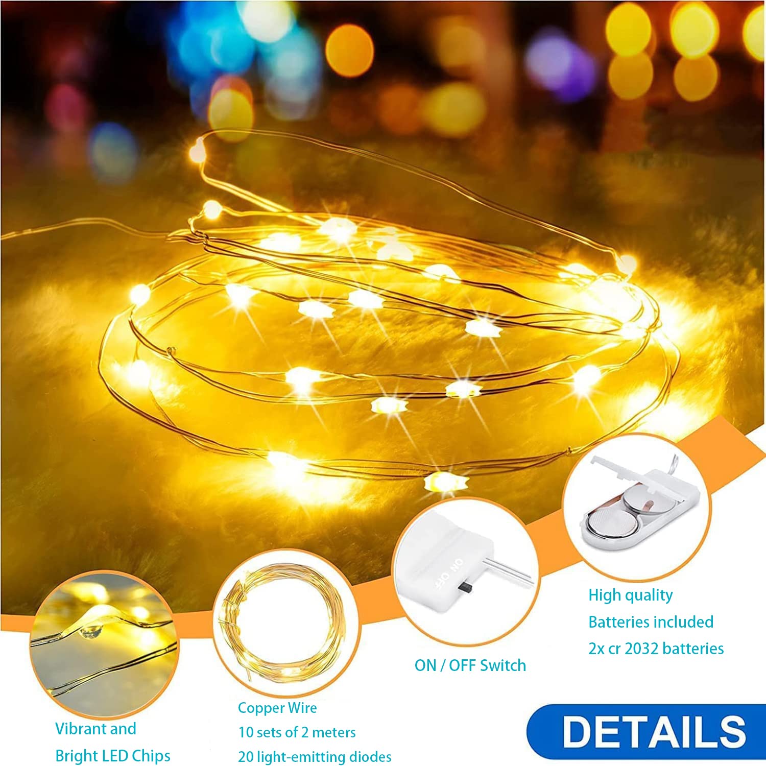 HeaHap Feen-Lichterketten 10er Set | 2m Kupferdraht, 20 LEDs, Warmweiß & Wasserdicht | Perfekt Für DIY & Deko