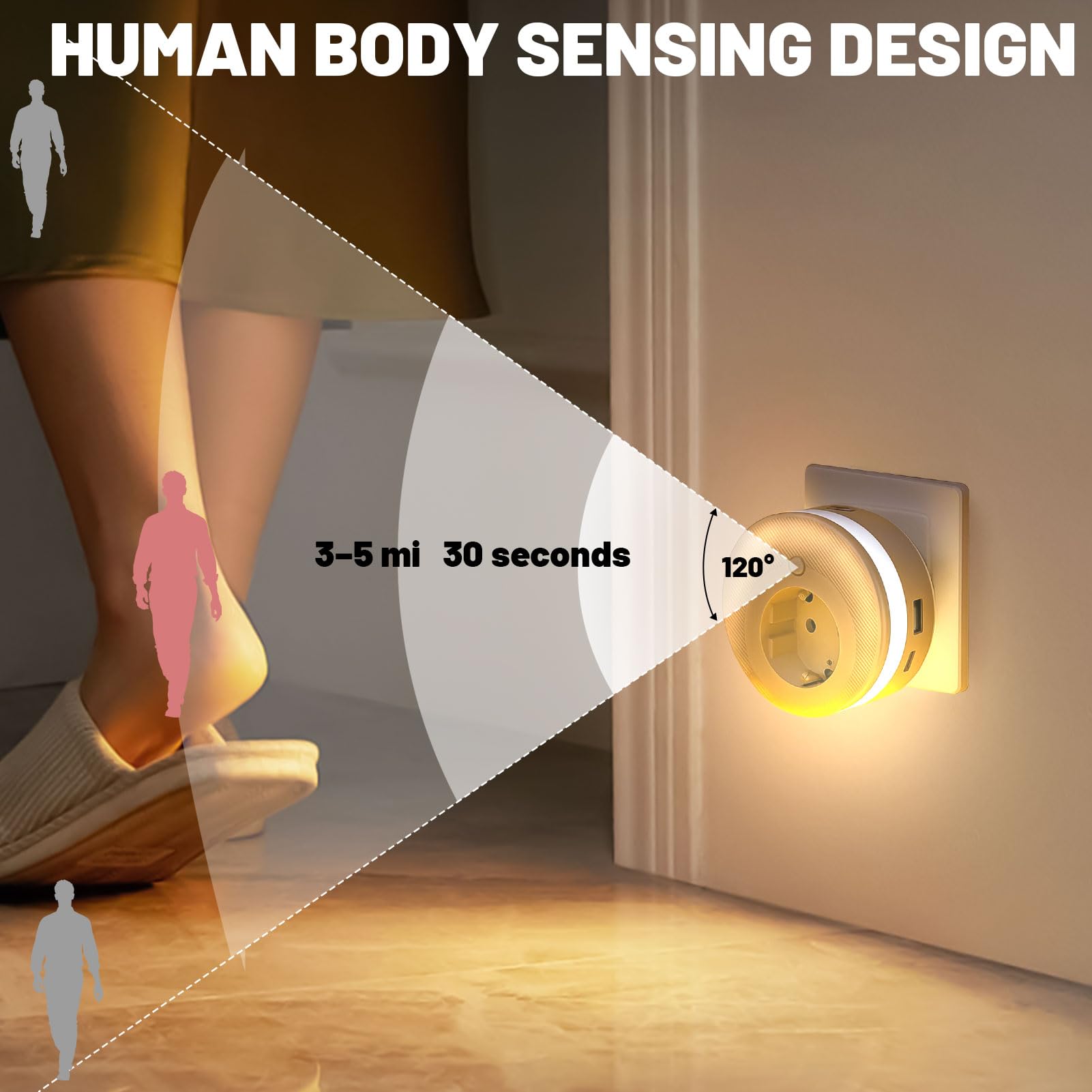 Enchufe de noche, luz nocturna LED con detector de movimiento en interiores, 3 modos de luz N-ocho regulable, cálida luz de 2700 K, luz nocturna para niños automático/apagado/encendido, para pasillo