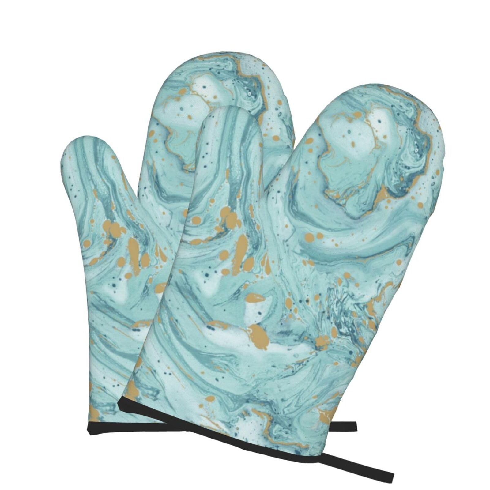 Oven Mitts Set of 2 Pcs, Azurite Teal and Foil Gold Oil Marble Pattern Prints Heat Resistant Kitchen Gloves for Cooking Baking Grilling