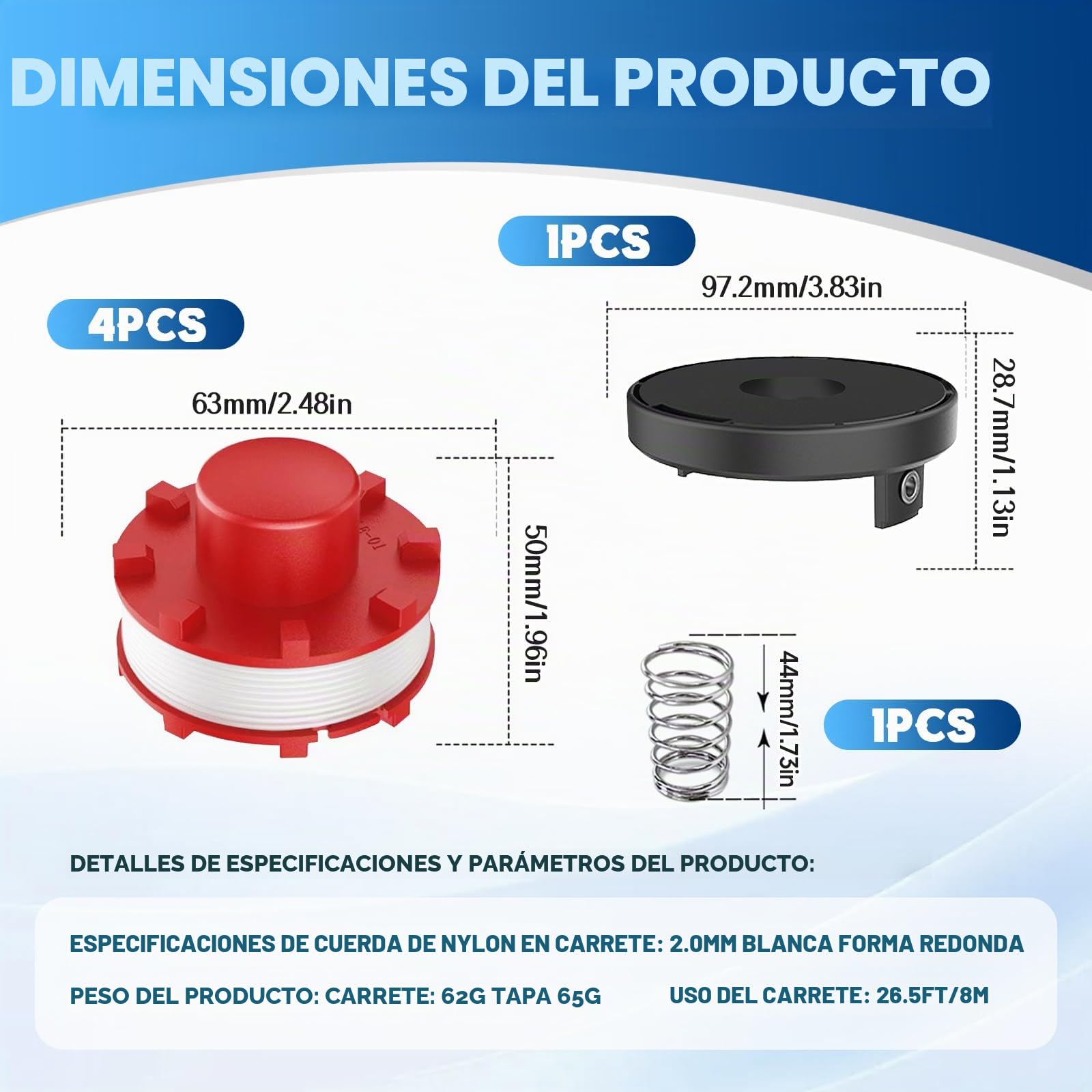 4 Bobinas de Hilo Compatibles con Einhell 3405096, Bobina de Hilo de Repuesto para Einhell GE-CT 36/30 LI E SOLO,AGILLO 18/200,Ø2mm 8m(4 Bobina+1 Tapa+1 Primavera)