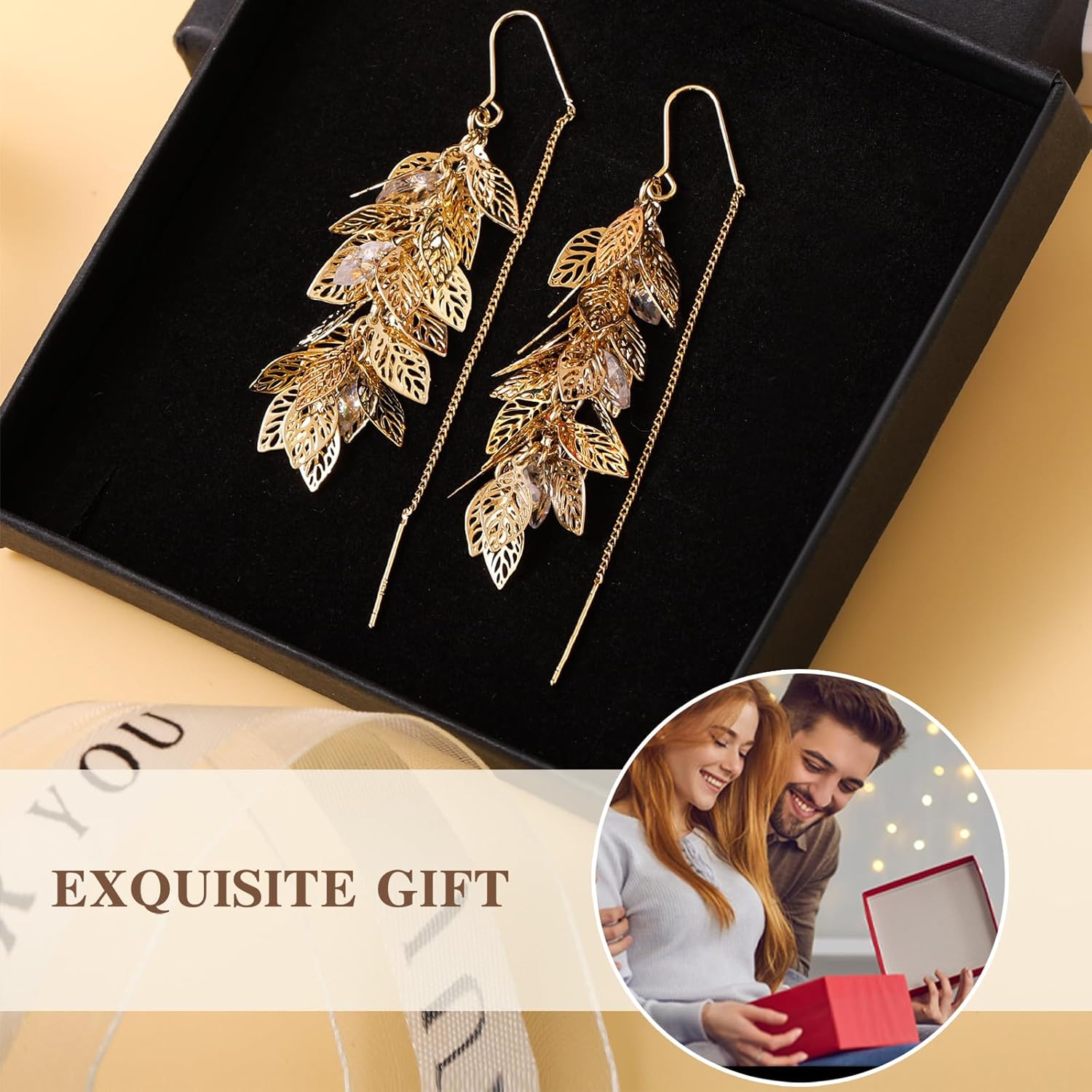 14K Gold Plated Leaf Threader Crystal Earrings for Women, Long Tassel Elegant Dangle Drop Earrings for Weddings, Galas, and Formal Events, Hypoallergenic Lightweight Jewelry Idea Gift - Image 6