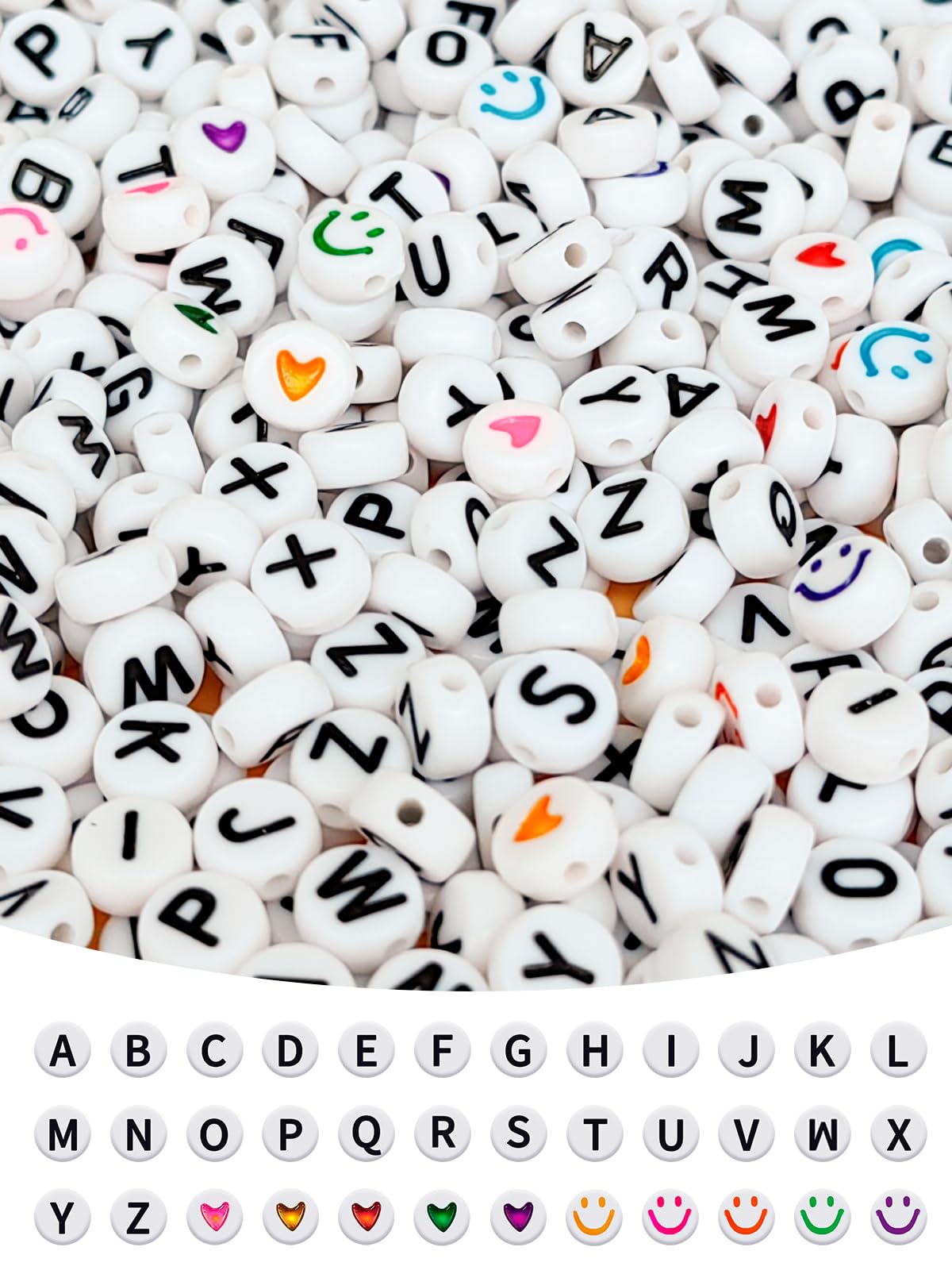 CoKeeSun Letter Beads 1680Pcs, 4x7mm Round Alphabet Beads for Bracelet & Necklace Making, A-Z Assorted Bead (Smiley & Heart) - Image 4
