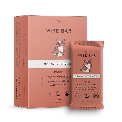 WISE BAR Barras de hongos adaptógenos Sabor a canela y cúrcuma 12 unidades Dosis diaria de 3,000 mg de hongos funcionales y adaptógenos por barra