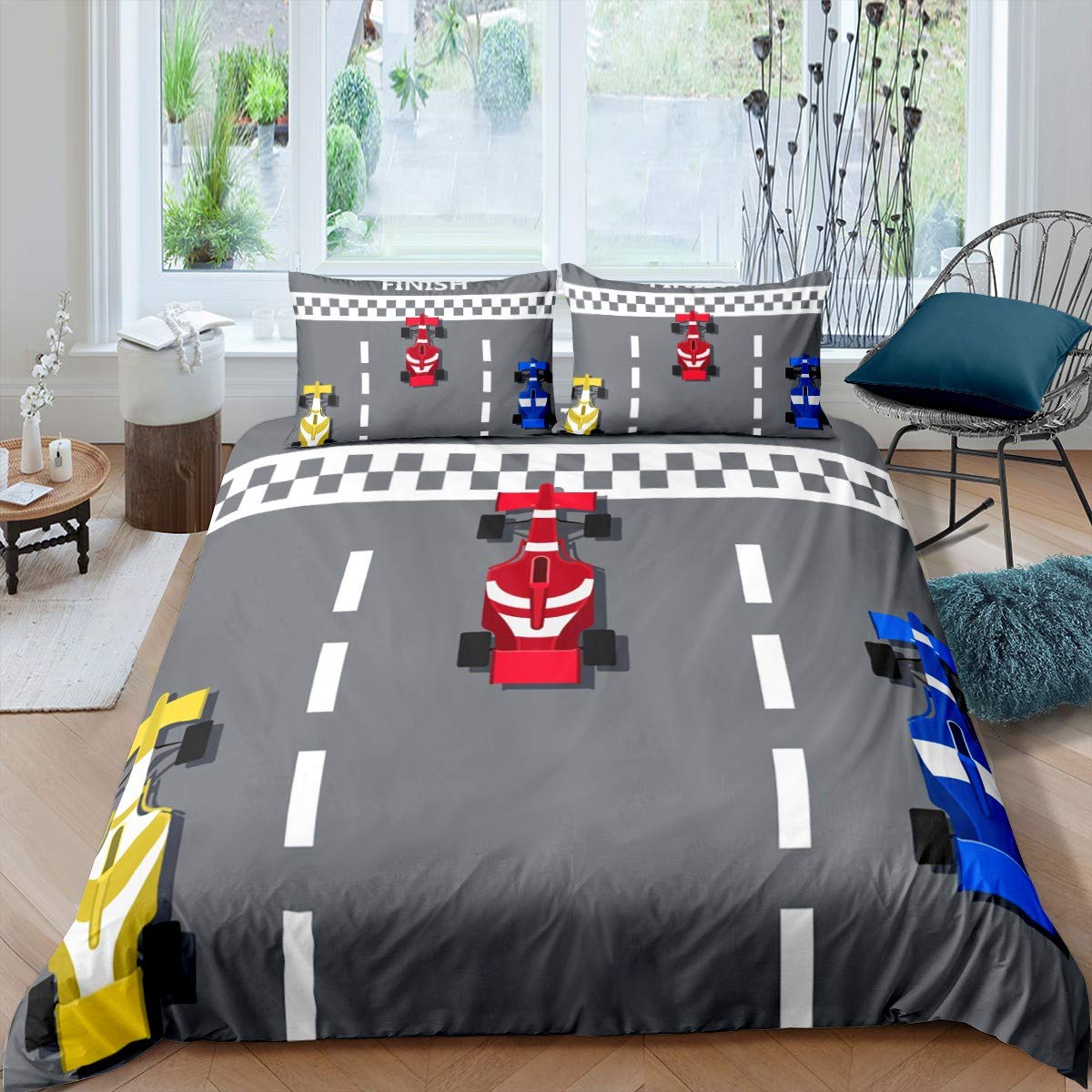 Youth Race Car Bedding Set Formula Racer Comforter Cover Extreme Speed Sports Duvet Cover For Kids Boys Juvenile Cartoon Formula 1 Race Track Bedclothes Bedclothes With 2 Pillow Cases King Size — image 1