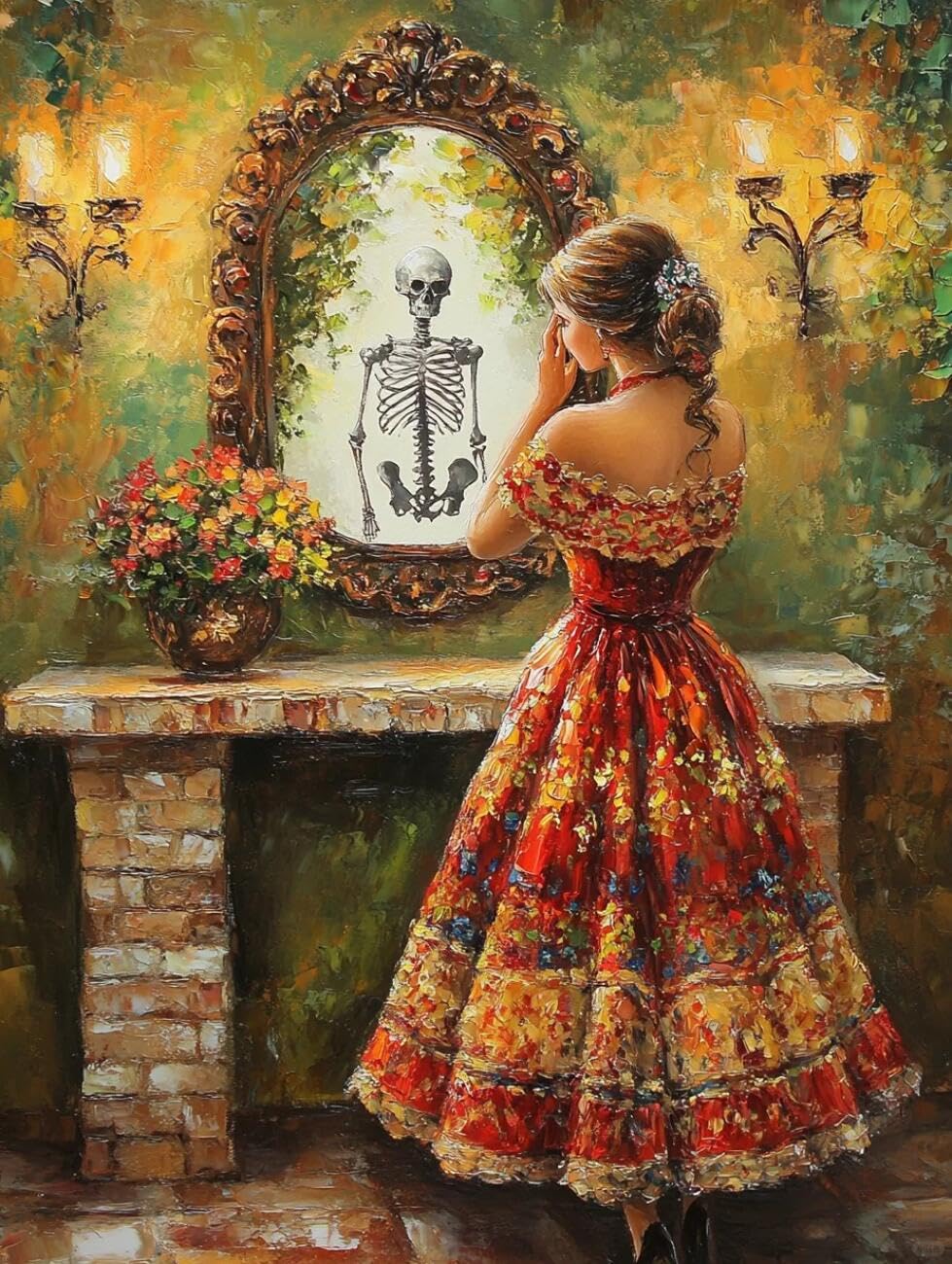Henypt Cross Stitch Kit Oil Painting of a Woman and a Skeleton DIY Arts Aand Craft Kit for Beginners The Elderly with Accessories Handmade DIY/Gifts 14CT 40x50cm