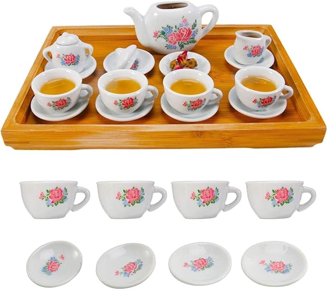 xwin sportseries 23 Pieces Kids Ceramic porcelain Play Tea Set for Toddlers and Girls, Role Play Tea set Pot Saucers Cups, Pretend Play Kids Toy Kitchen Tea Party Playset, Washable Dishes