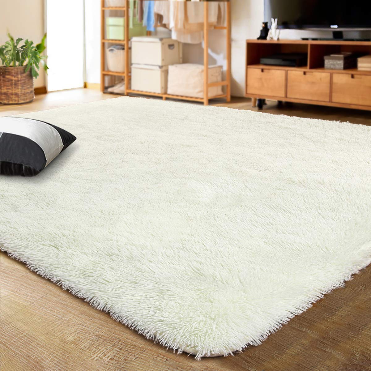 LOCHAS Ultra Soft Indoor Modern Area Rugs Fluffy Living Room Carpets for Children Bedroom Home Decor Nursery Rug 4x5.3 Feet, Cream