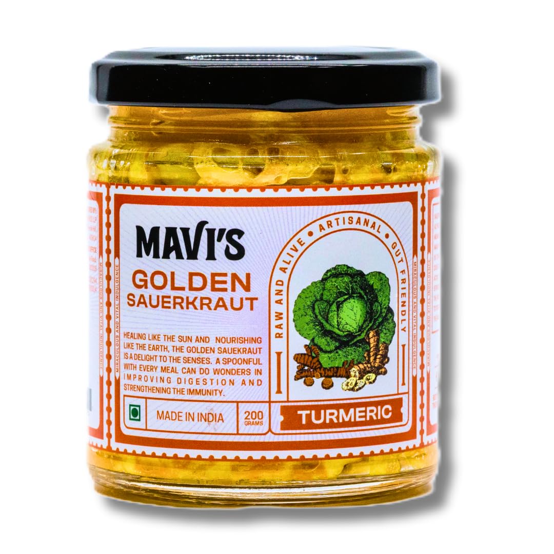 Golden Sauerkraut| Spicy, Organic & Natural Cabbage & Fresh Turmeric | Gut friendly | 100% Natural & Vegan | No Preservatives | No Artificial Flavour or Colour | 200g (Pack of 1)