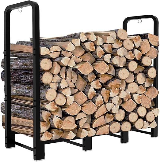 Artibear 4ft Outdoor Firewood Rack, Upgraded Adjustable Heavy Duty Logs Stand Stacker Holder for Fireplace - Metal Lumber Storage Carrier Organizer, Bright Black