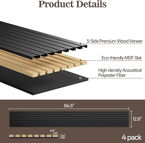 Miniatura 2 de Paquete de 4 paneles de madera para pared, 94.4 x 12.6 pulgadas, paneles de pared de listones de madera acústica para decoración de interiores y