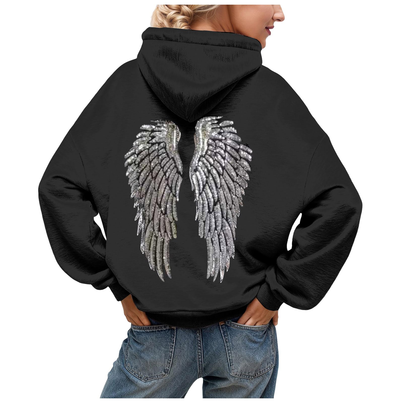 Sweat à Capuche Femme pailleté avec Ailes d'ange, Coupe Oversize Tendance Automne-Hiver, Pull Hoodie Confortable et décontracté, Style Streetwear Y2K, Festivals et Sorties Entre Amis